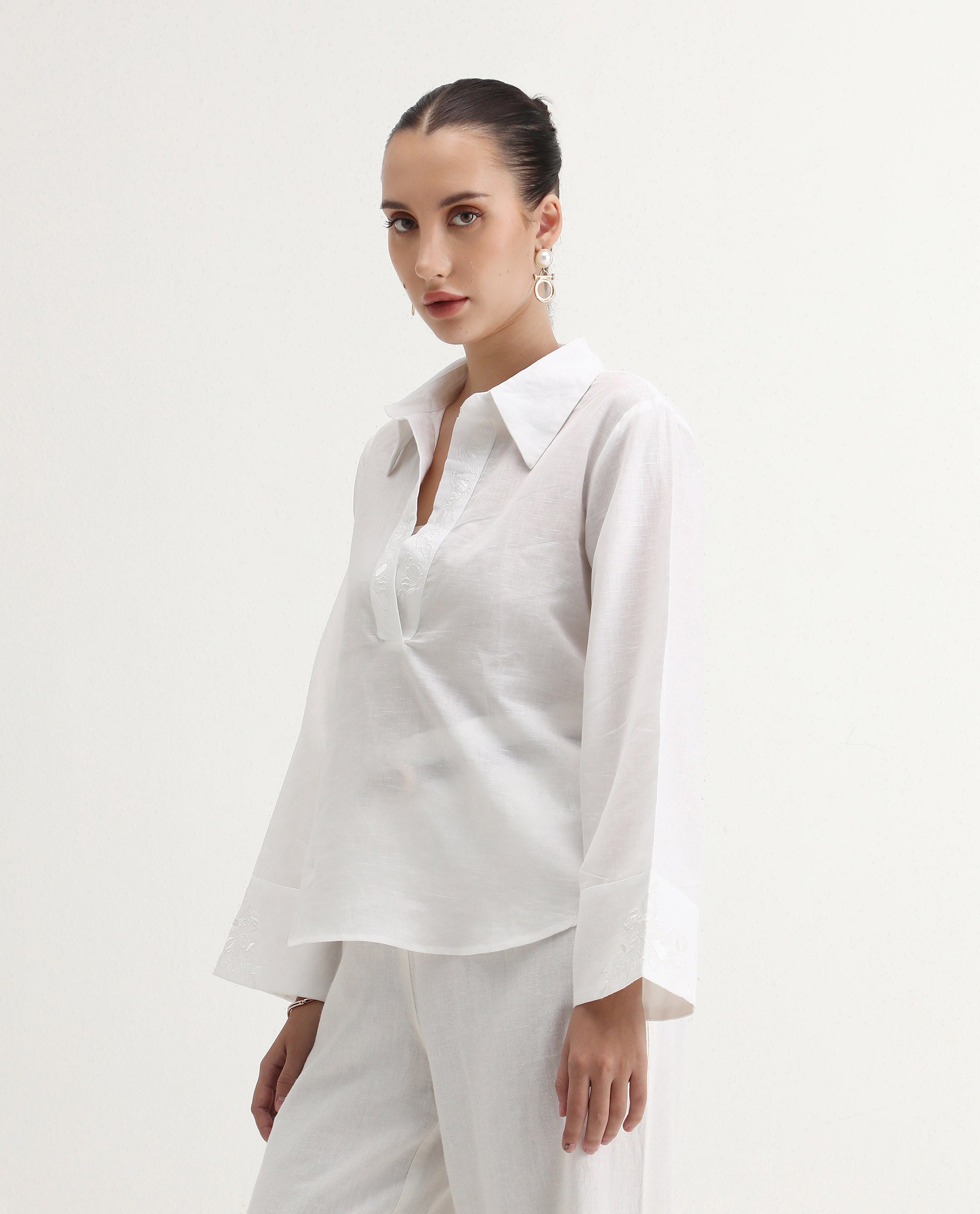 Rareism Women's Sofian White Cotton Blend Spread Collar Plain Bell Sleeve Relaxed Fit Top