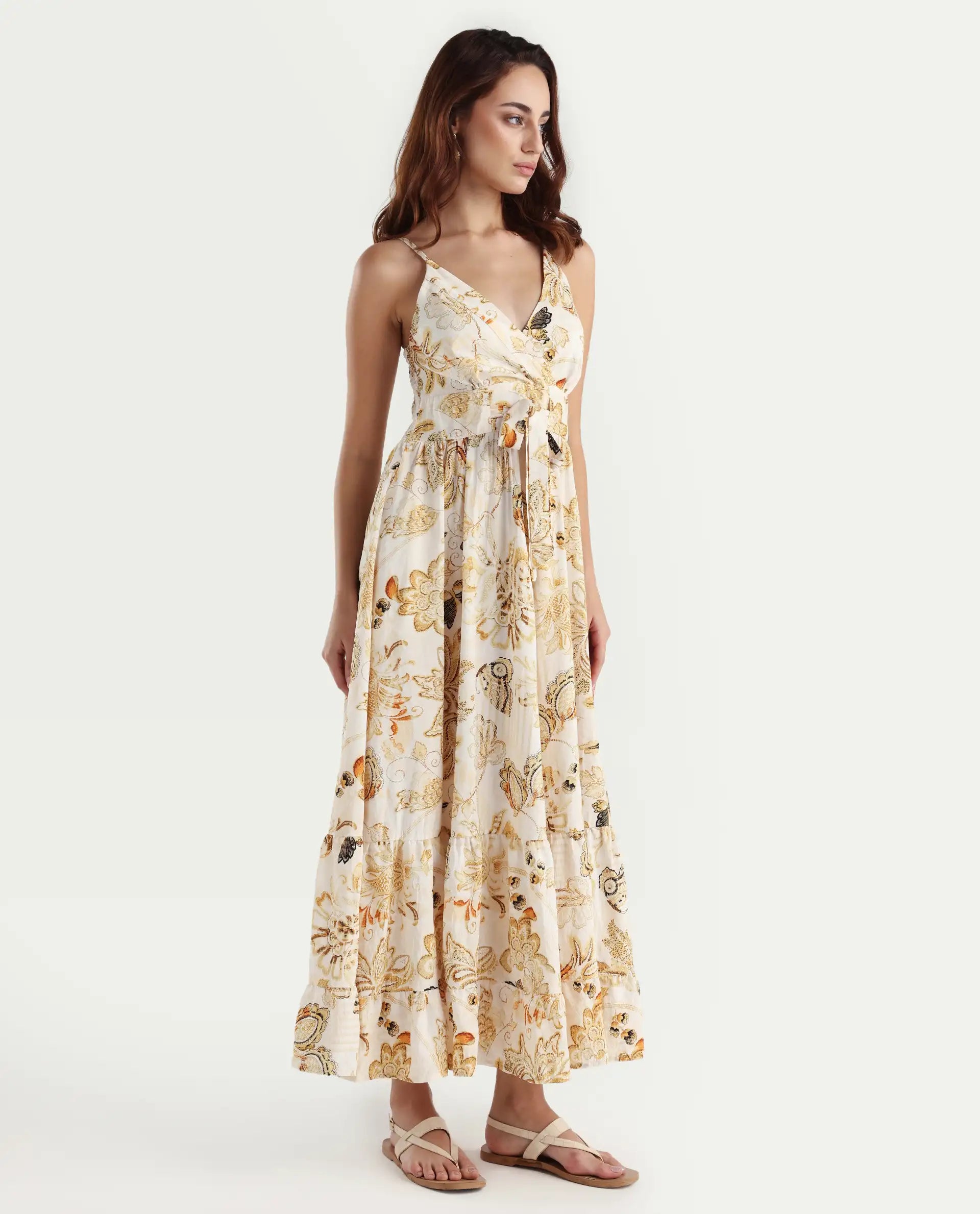 Rareism Women's Sojer Multi Nylon Blend Shoulder Strap Paisley Print Sleeveless Maxi Fit And Flare Dress