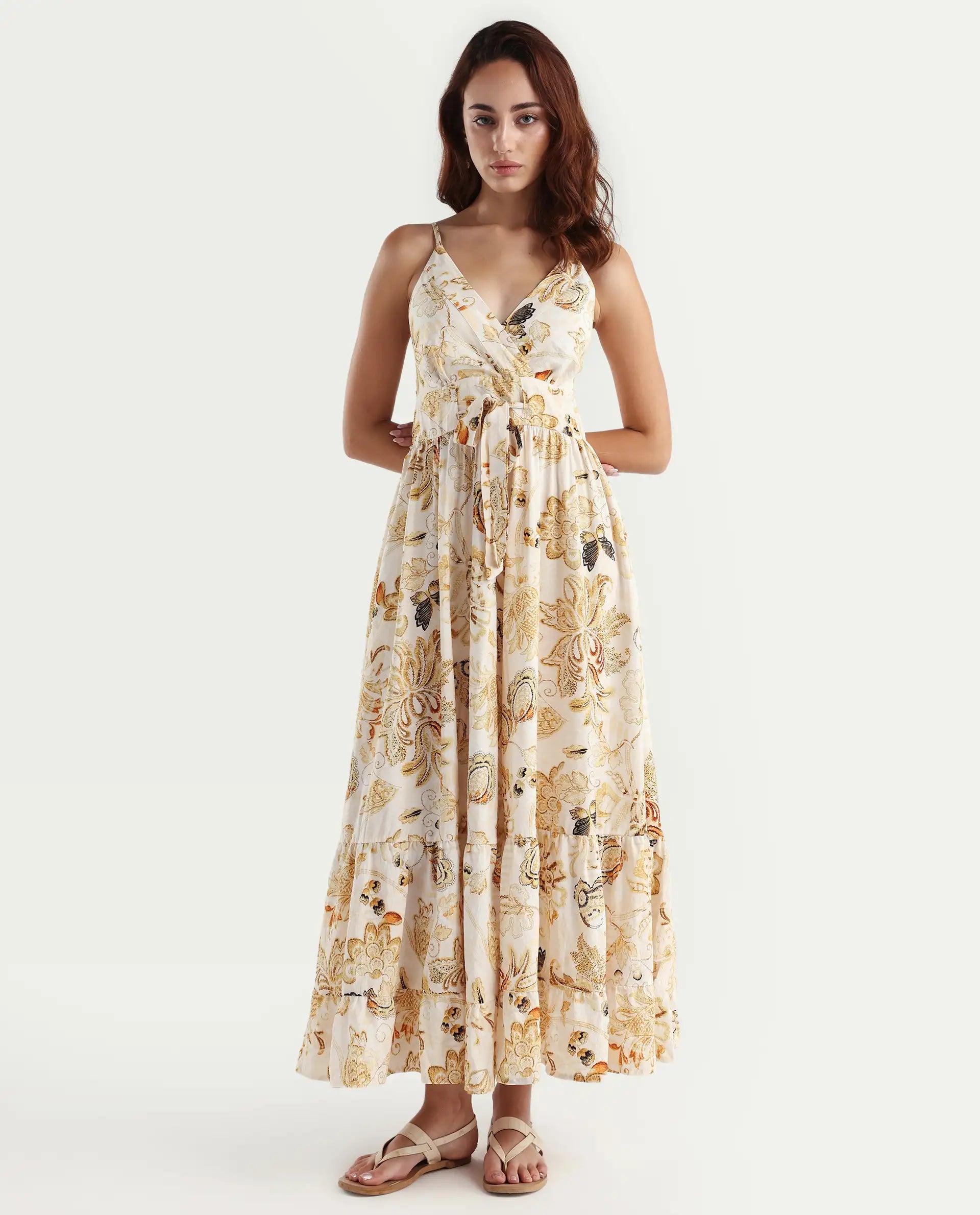 Rareism Women's Sojer Multi Nylon Blend Shoulder Strap Paisley Print Sleeveless Maxi Fit And Flare Dress