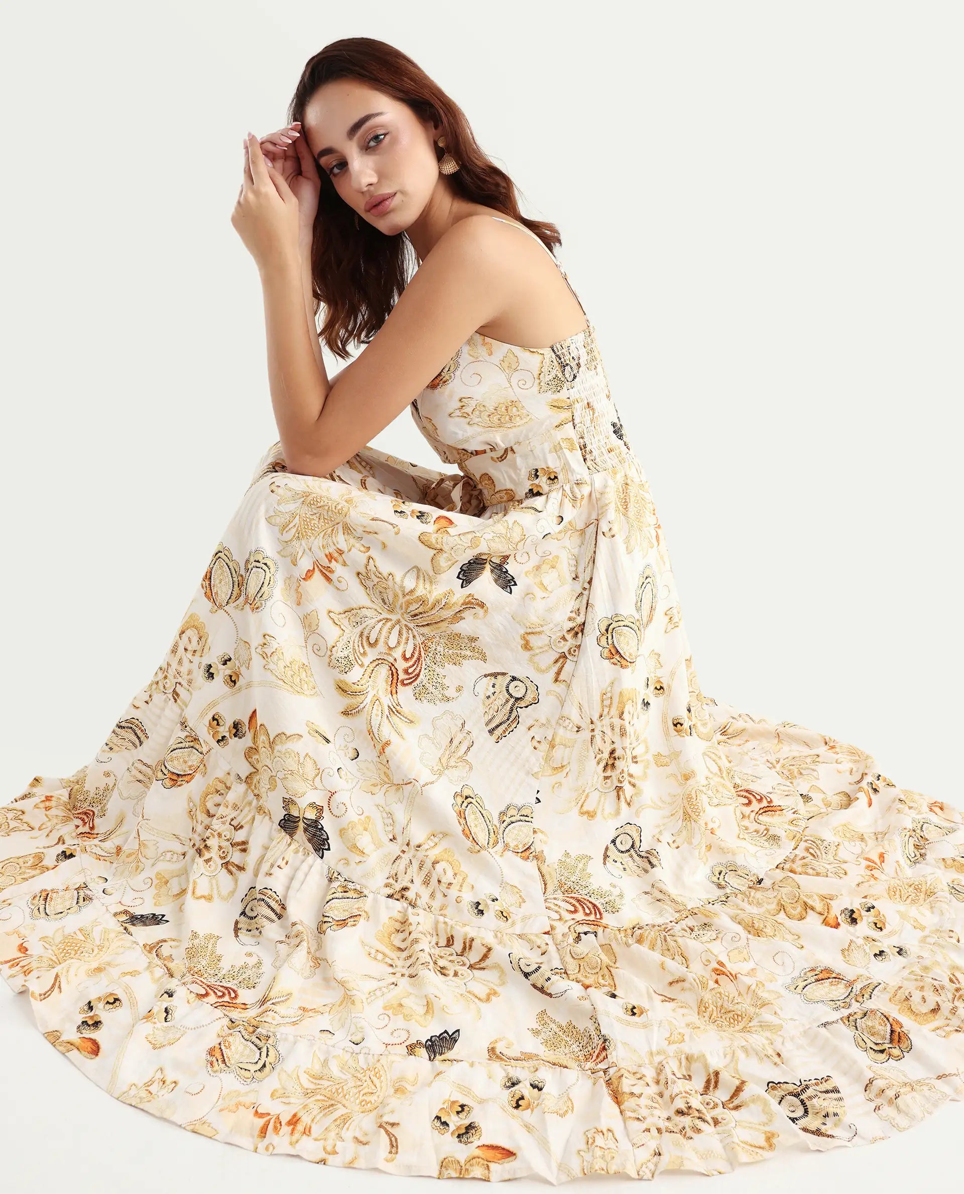 Rareism Women's Sojer Multi Nylon Blend Shoulder Strap Paisley Print Sleeveless Maxi Fit And Flare Dress