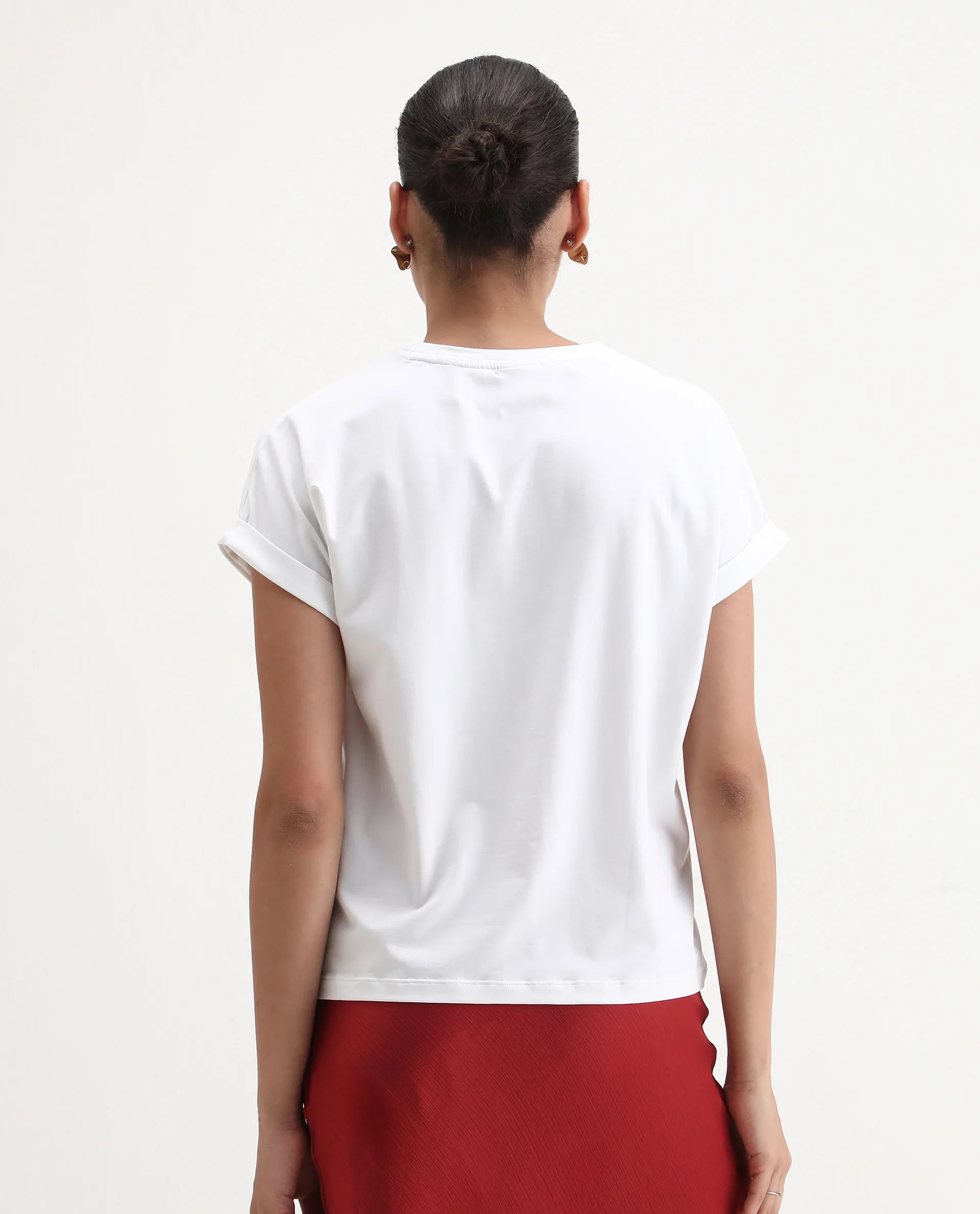 Rareism Women's Somker Off White Cotton Blend Crew Neck Graphic Print Extended Sleeves Regular Fit T-Shirt