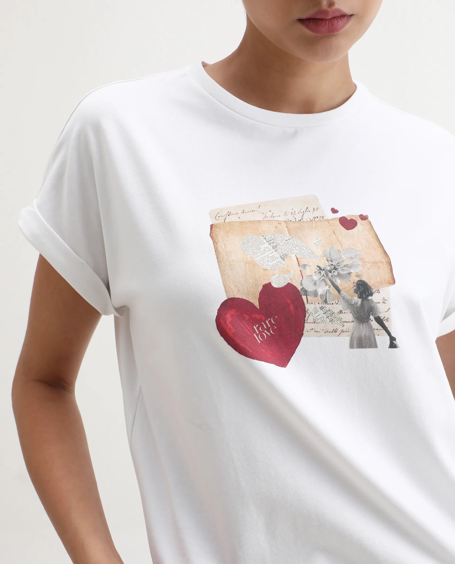 Rareism Women's Somker Off White Cotton Blend Crew Neck Graphic Print Extended Sleeves Regular Fit T-Shirt