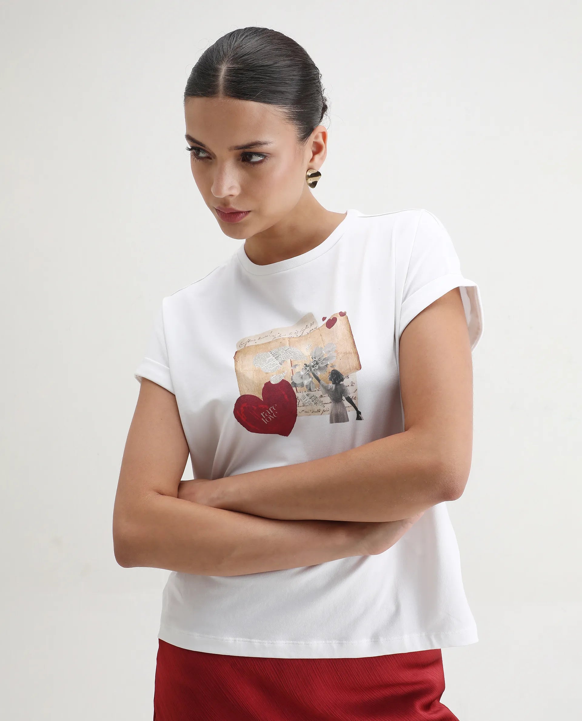 Rareism Women's Somker Off White Cotton Blend Crew Neck Graphic Print Extended Sleeves Regular Fit T-Shirt