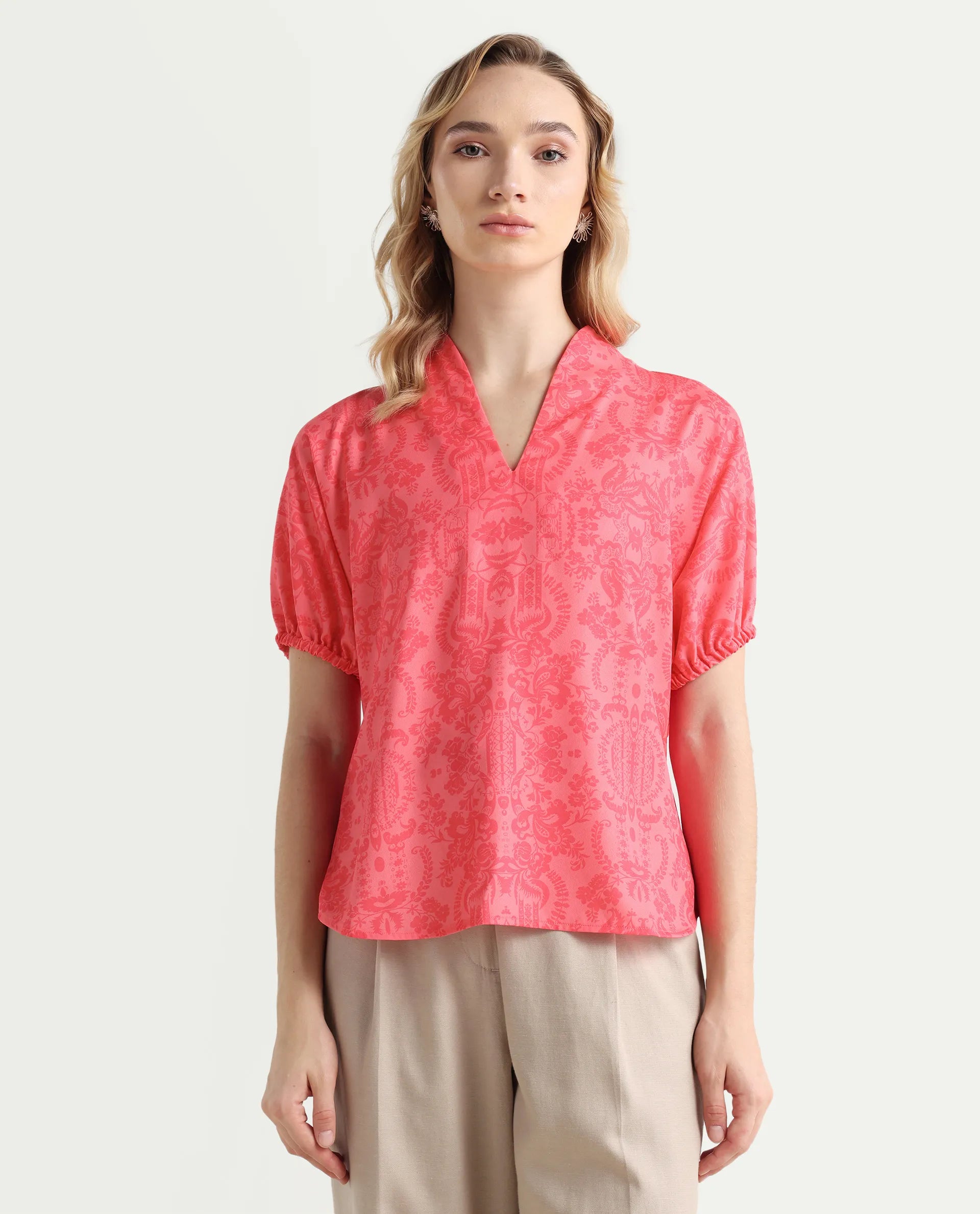 Rareism Women's Somquil Pink Polyester V-Neck Abstract Print Puff Sleeves Regular Fit Top
