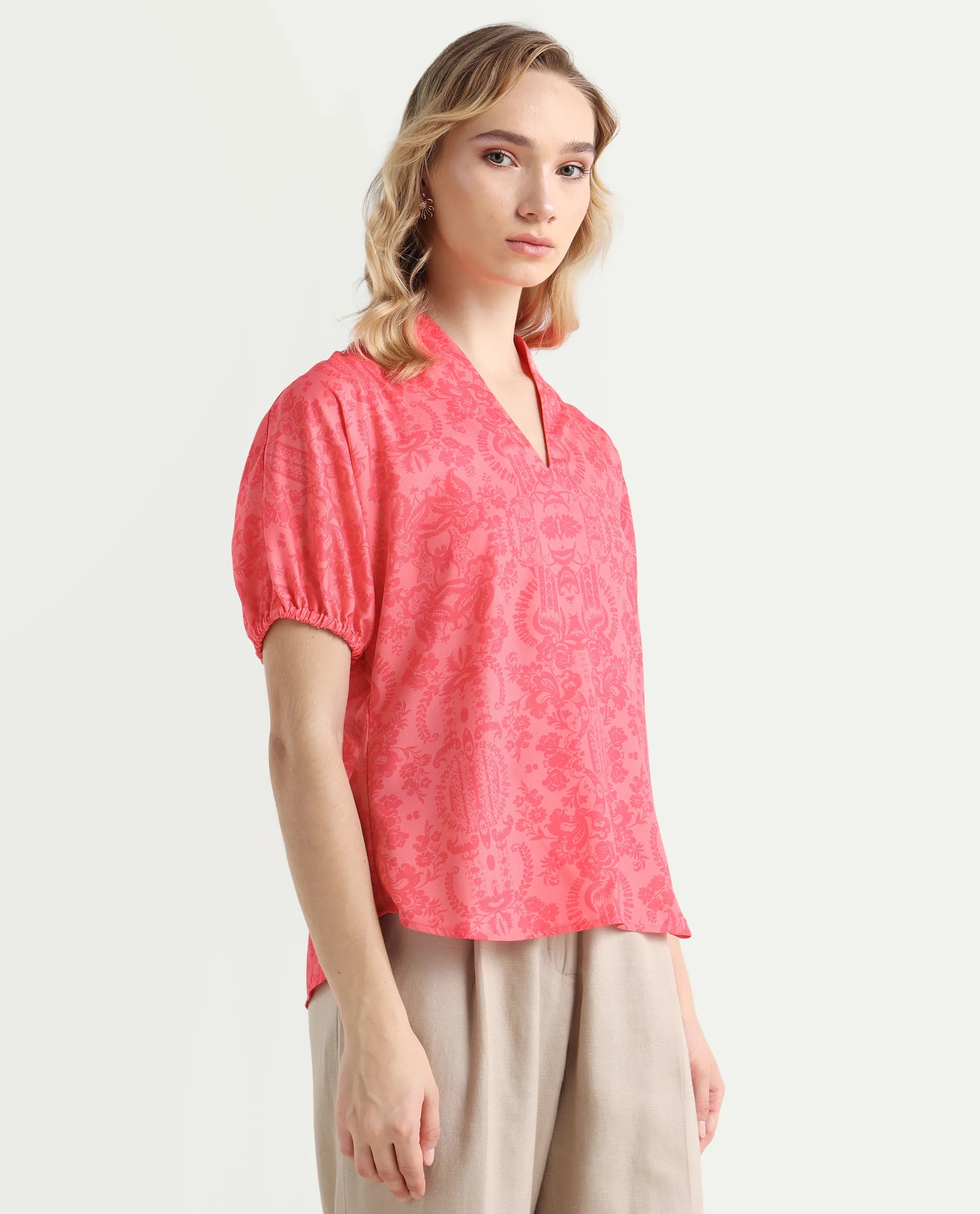 Rareism Women's Somquil Pink Polyester V-Neck Abstract Print Puff Sleeves Regular Fit Top