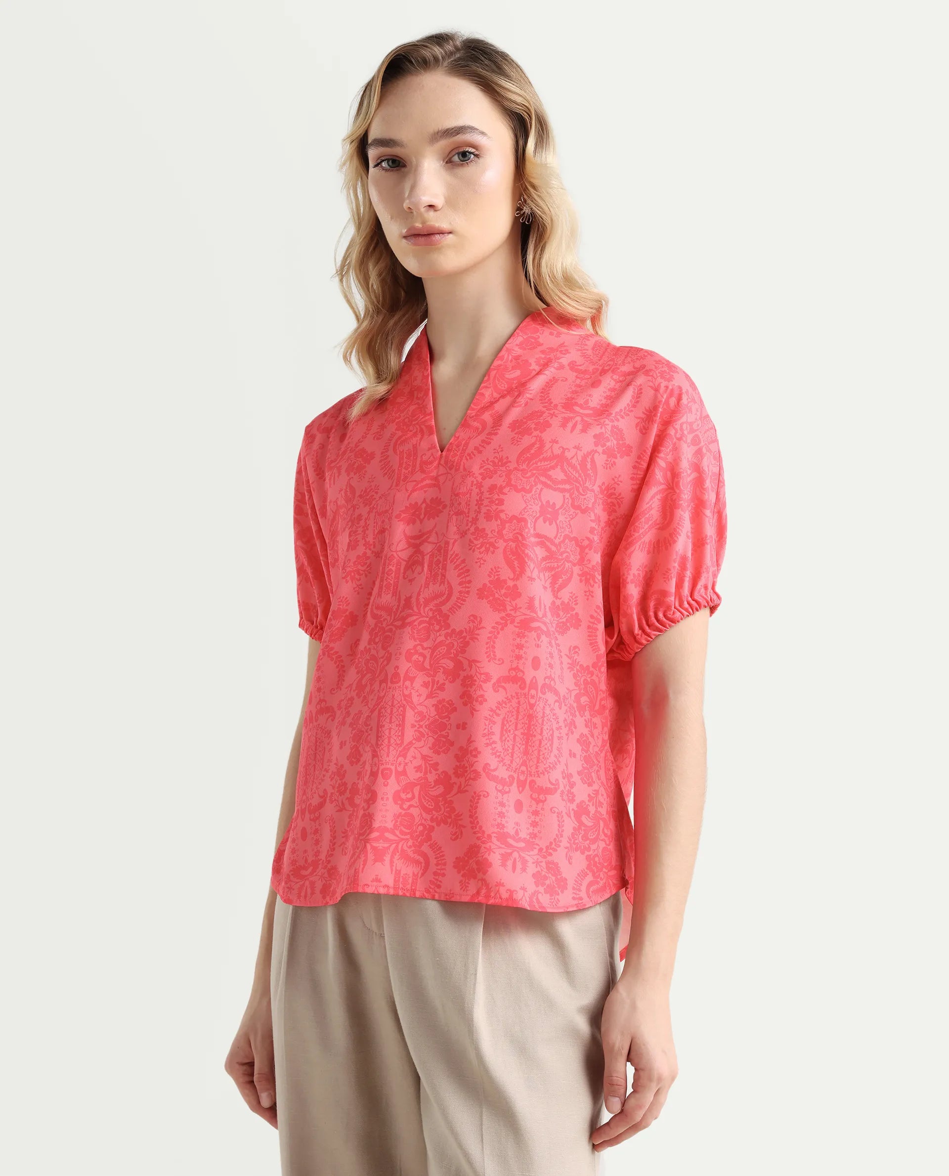 Rareism Women's Somquil Pink Polyester V-Neck Abstract Print Puff Sleeves Regular Fit Top