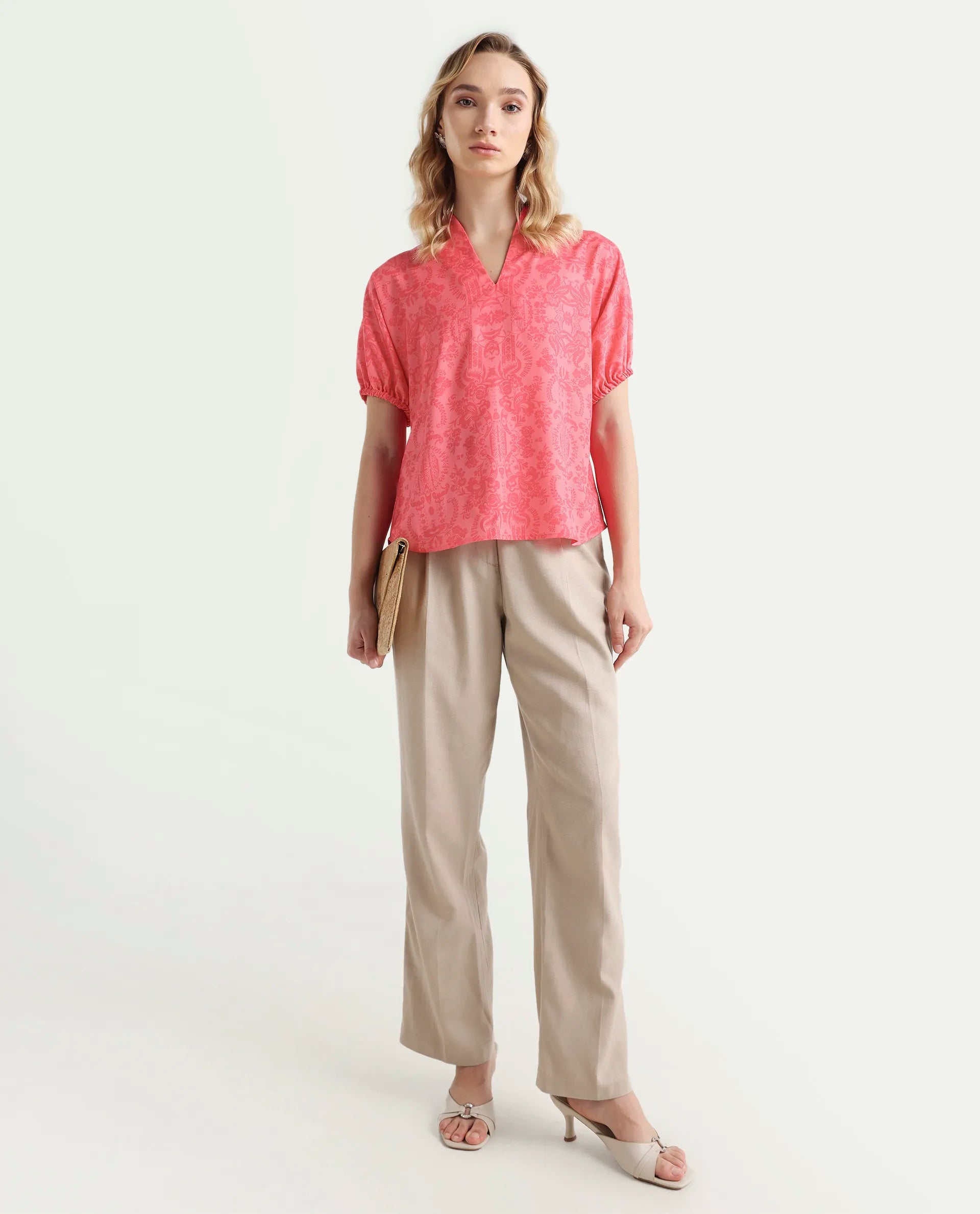 Rareism Women's Somquil Pink Polyester V-Neck Abstract Print Puff Sleeves Regular Fit Top