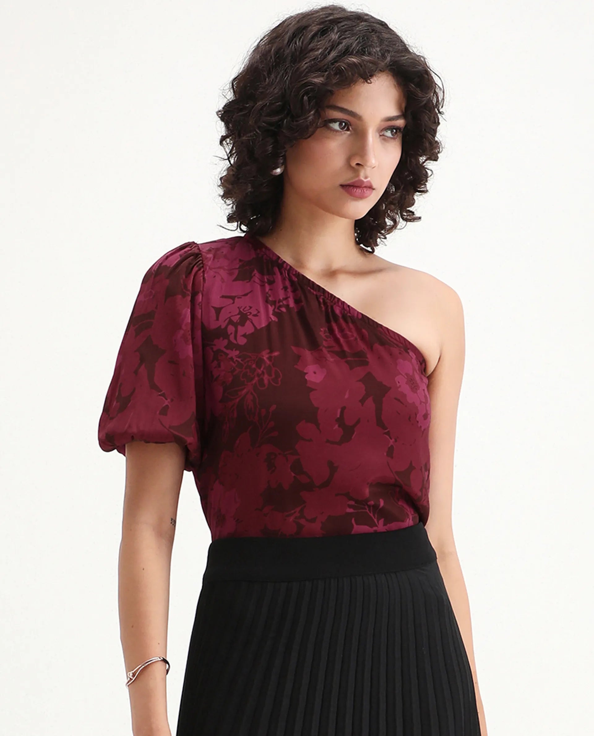 Rareism Women's Somray Red Polyester One Shoulder Floral Print One Shoulder Regular Fit Top