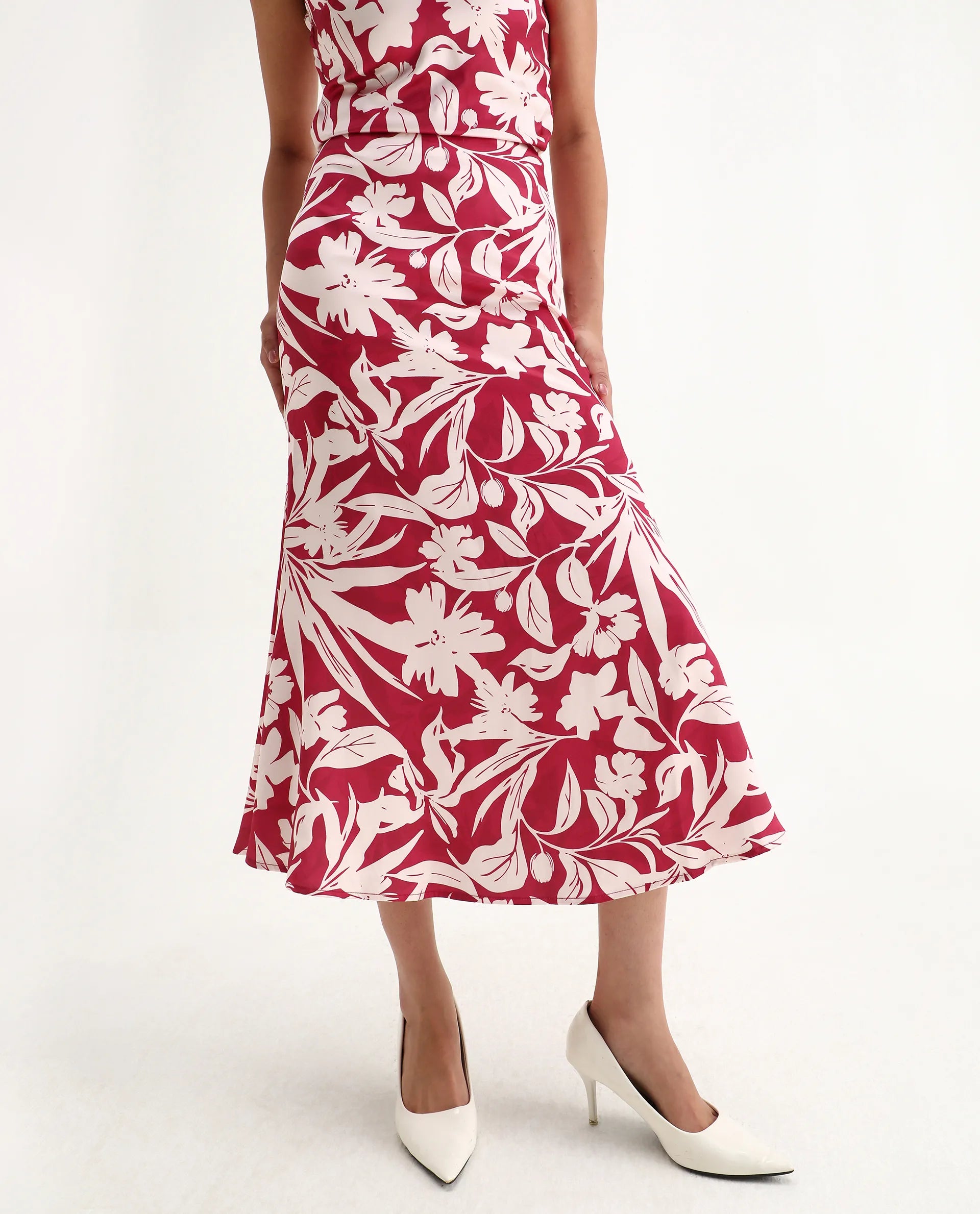 Rareism Women's Somtar B Pink Polyester Floral Print Midi Straight Fit Skirt