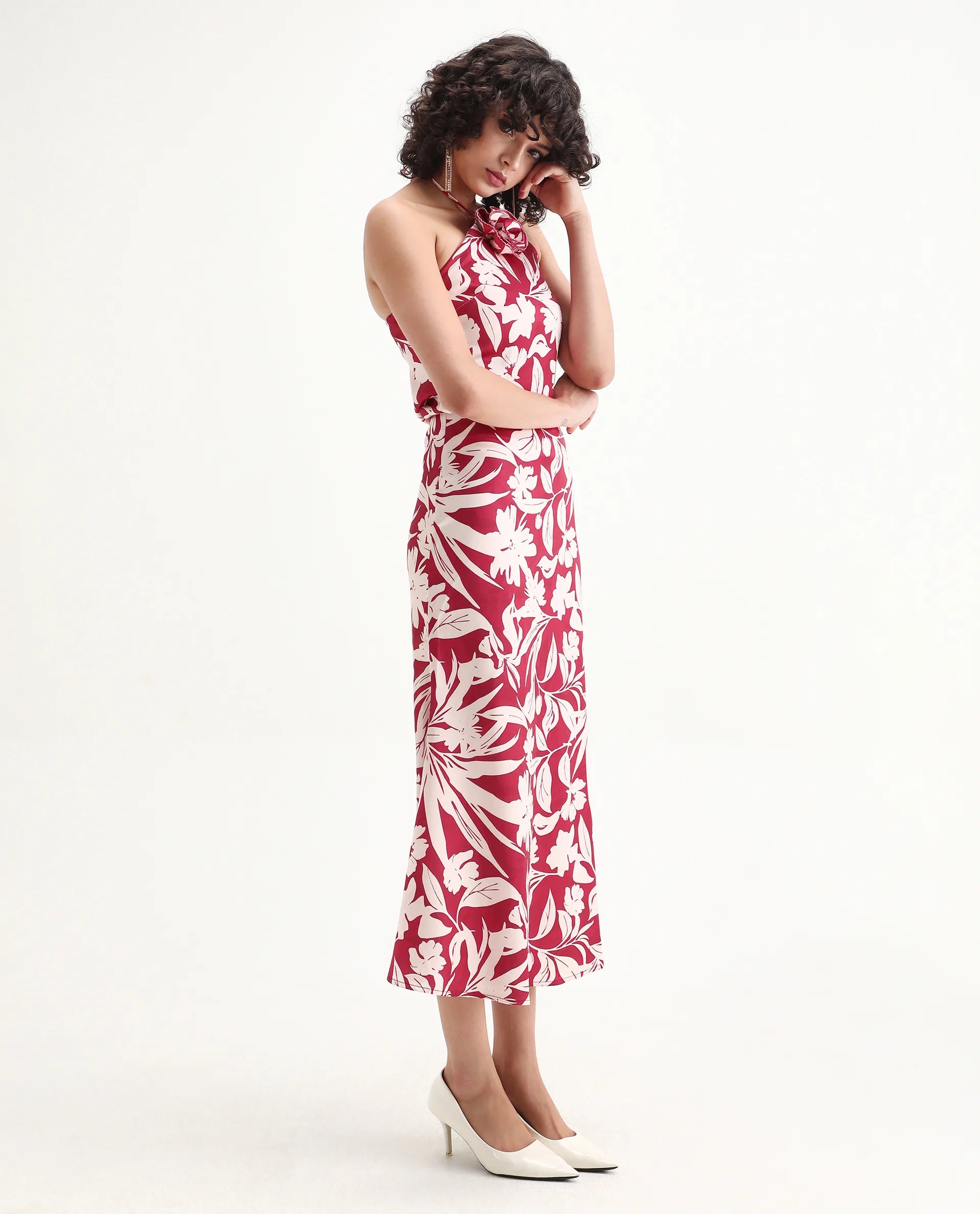 Rareism Women's Somtar B Pink Polyester Floral Print Midi Straight Fit Skirt