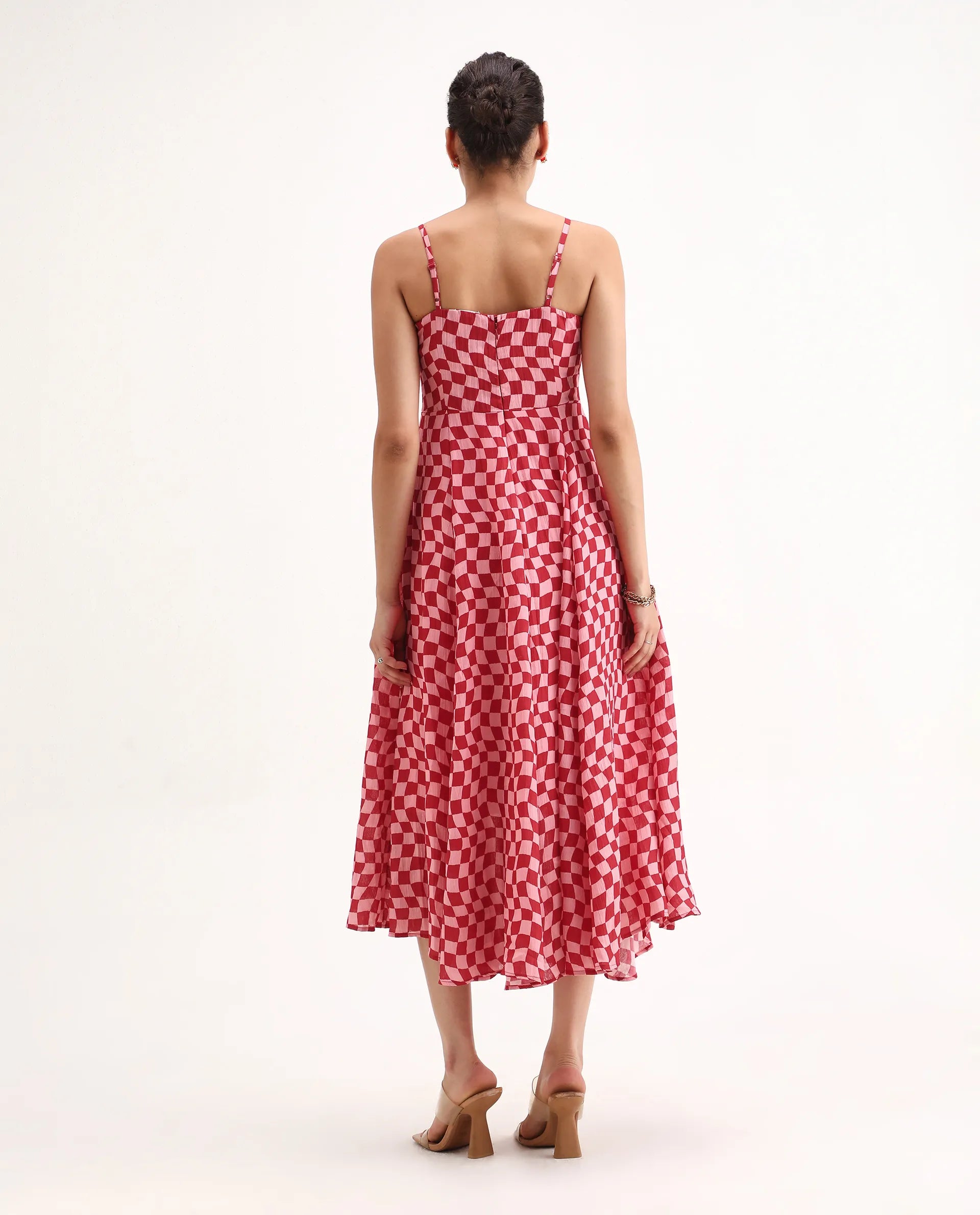 Rareism Women's Somtu Pink Cotton Shoulder Strap Geometric Print Shoulder Strap Midi Fit And Flare Dress