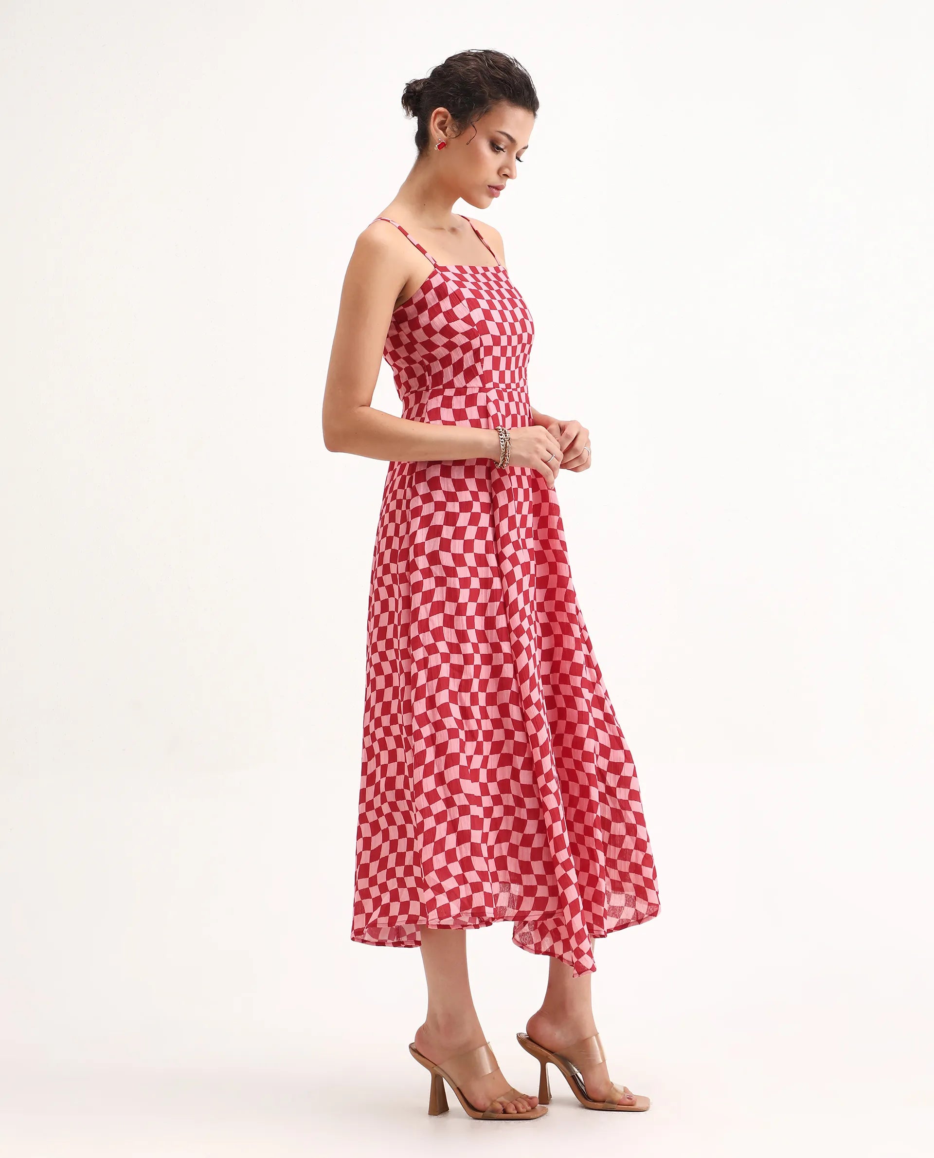 Rareism Women's Somtu Pink Cotton Shoulder Strap Geometric Print Shoulder Strap Midi Fit And Flare Dress