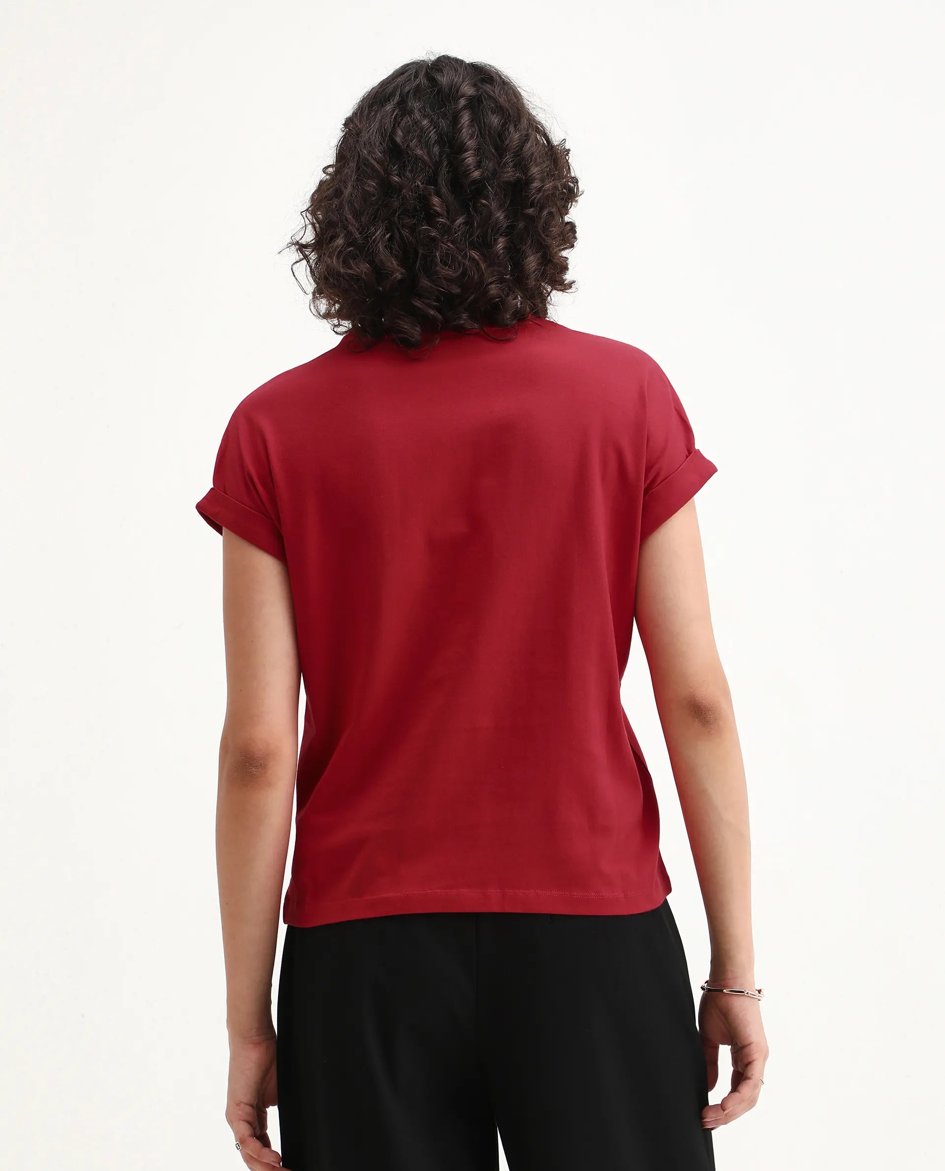 Rareism Women's Somvet Red Cotton Crew Neck Graphic Print Extended Sleeves Regular Fit T-Shirt