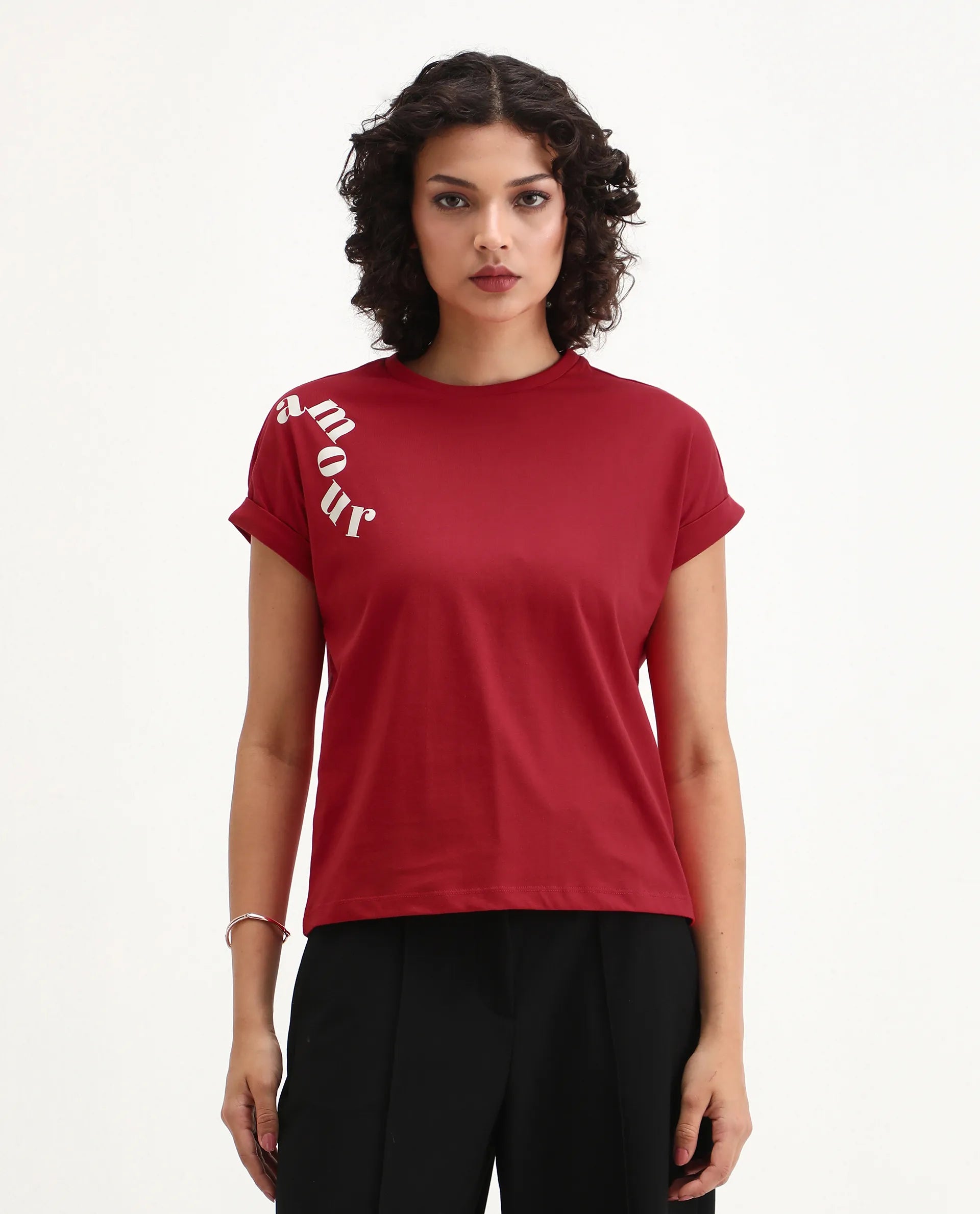 Rareism Women's Somvet Red Cotton Crew Neck Graphic Print Extended Sleeves Regular Fit T-Shirt