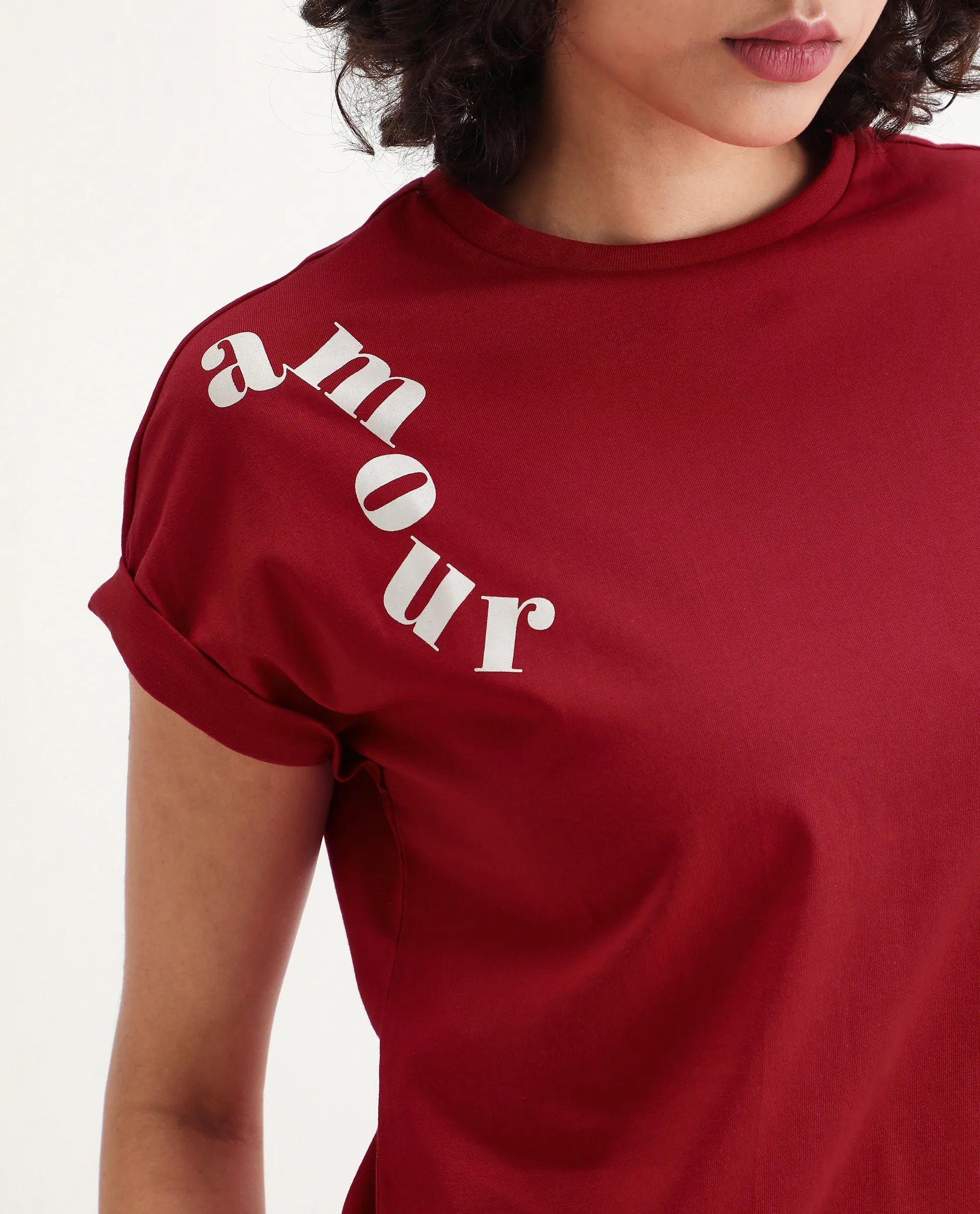 Rareism Women's Somvet Red Cotton Crew Neck Graphic Print Extended Sleeves Regular Fit T-Shirt