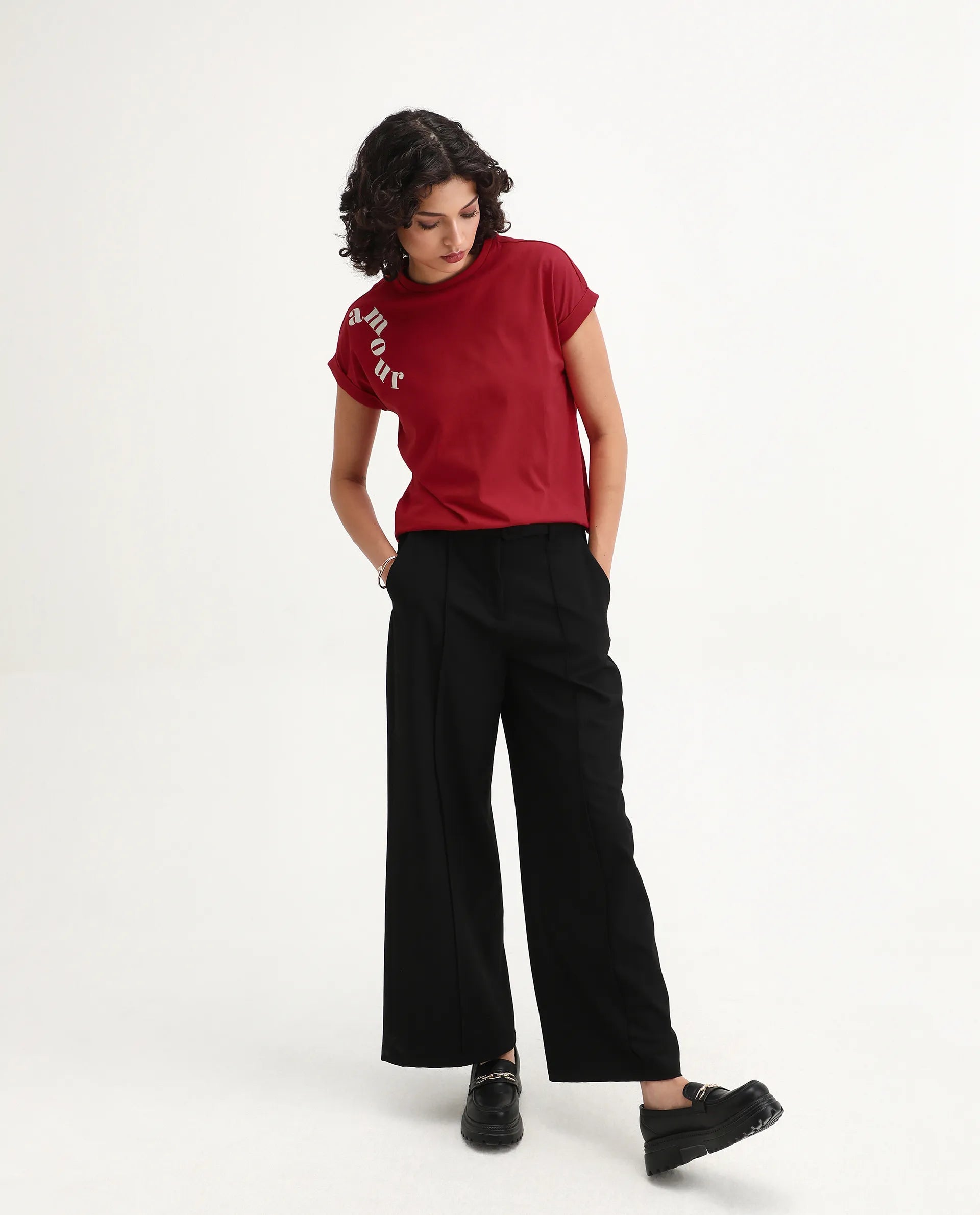 Rareism Women's Somvet Red Cotton Crew Neck Graphic Print Extended Sleeves Regular Fit T-Shirt