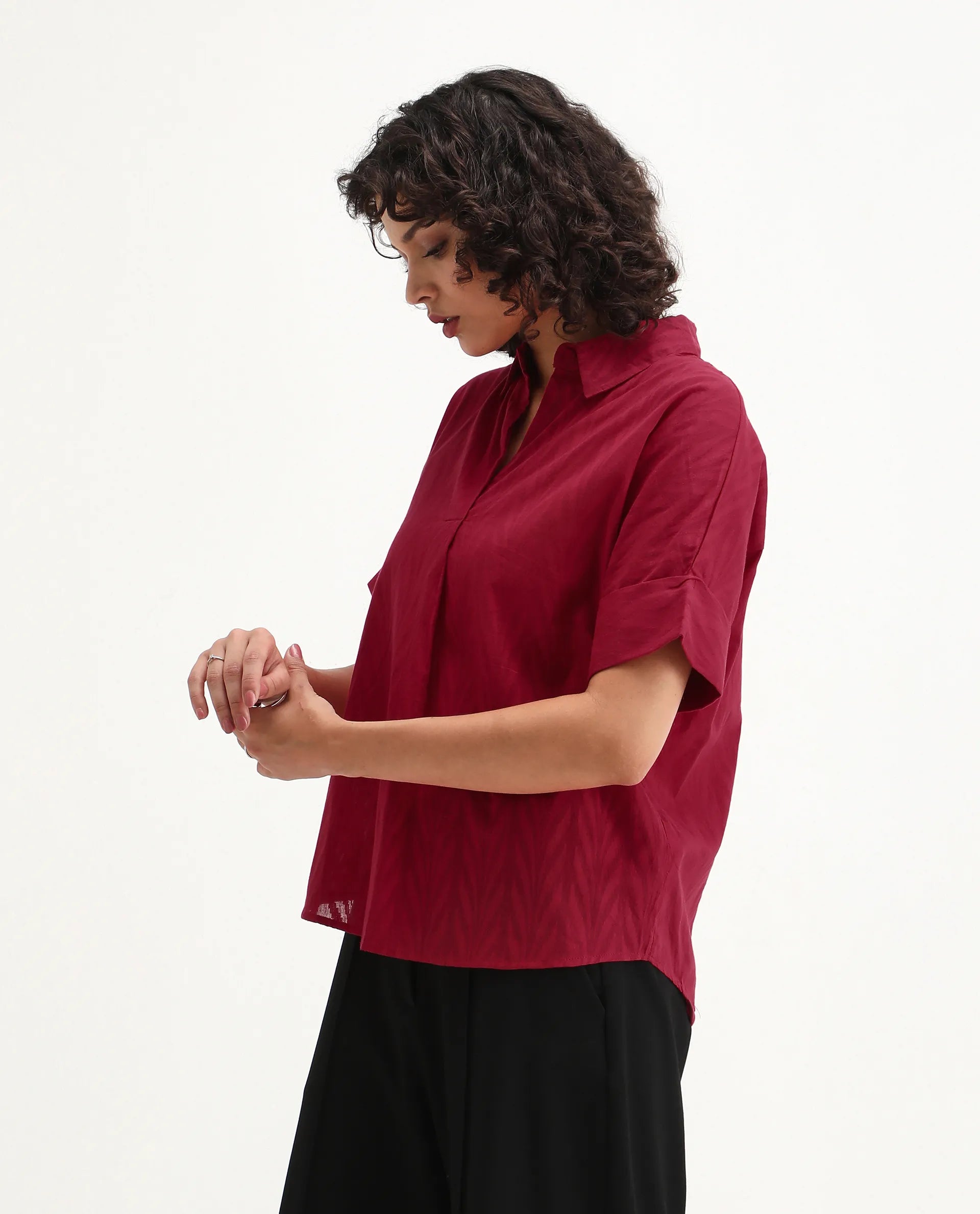 Rareism Women's Somyas Red Cotton Johnny Collar Plain Extended Sleeves Relaxed Fit Top