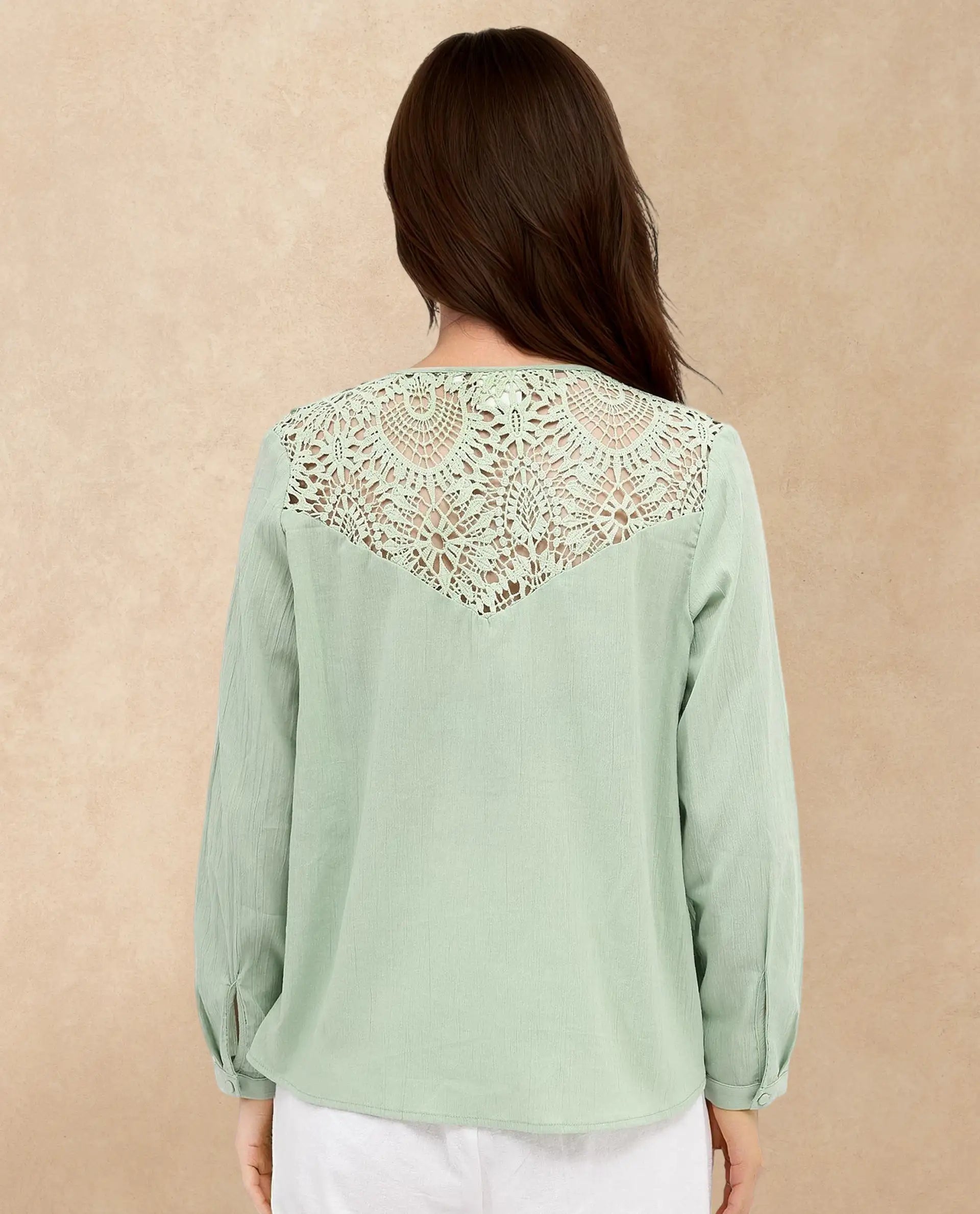 Rareism Women Sonoki Dusky Green Cotton Button Closure Full Sleeve V-Neck Relaxed Fit Plain Top