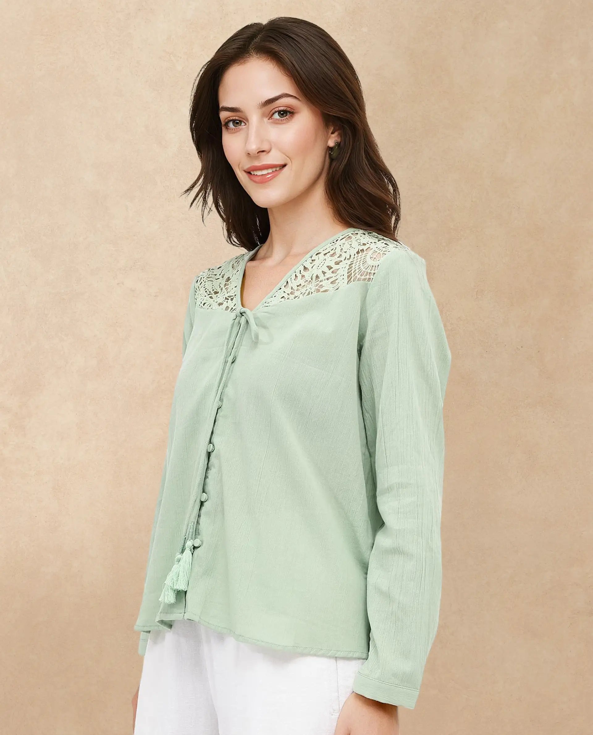 Rareism Women Sonoki Dusky Green Cotton Button Closure Full Sleeve V-Neck Relaxed Fit Plain Top