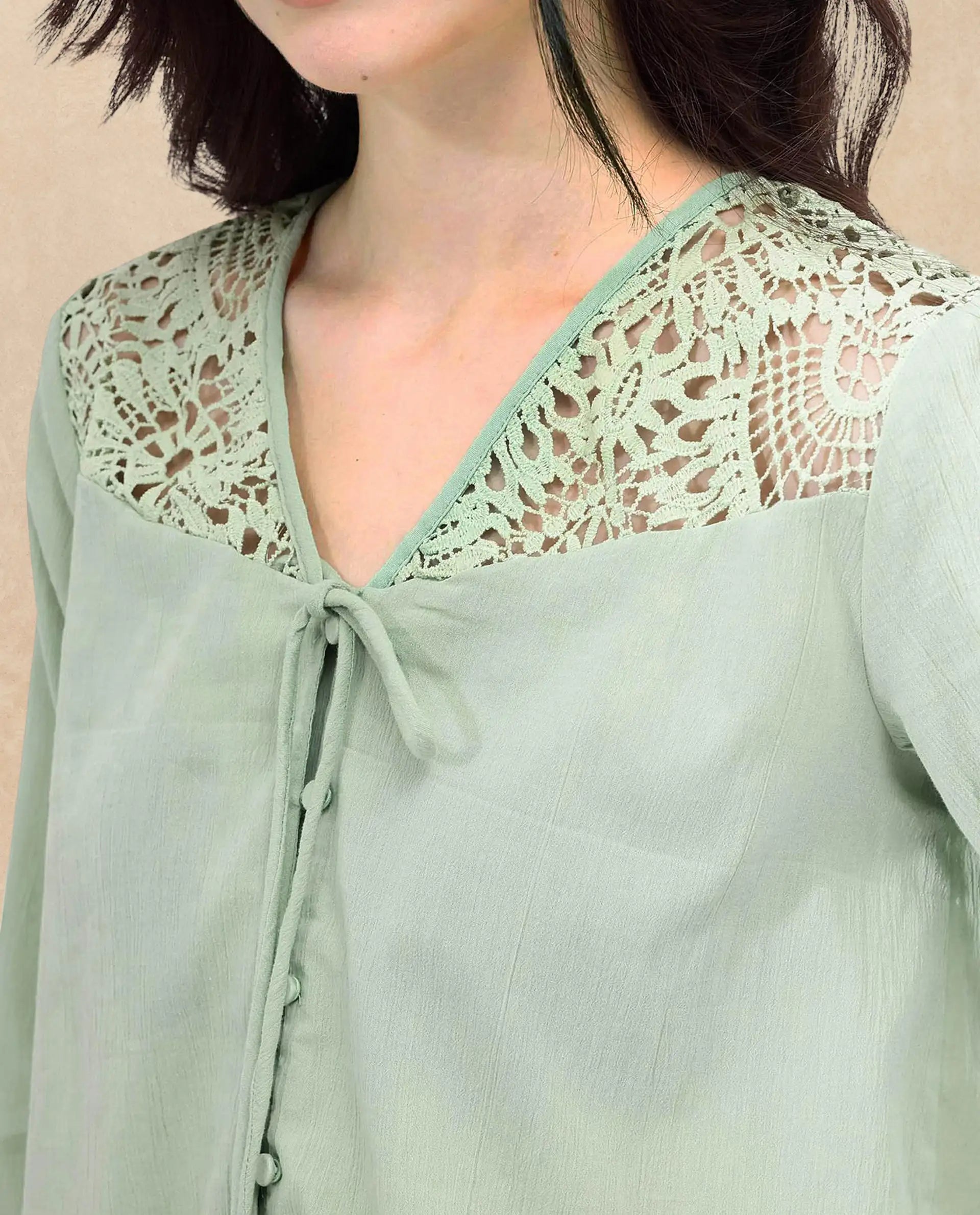 Rareism Women Sonoki Dusky Green Cotton Button Closure Full Sleeve V-Neck Relaxed Fit Plain Top