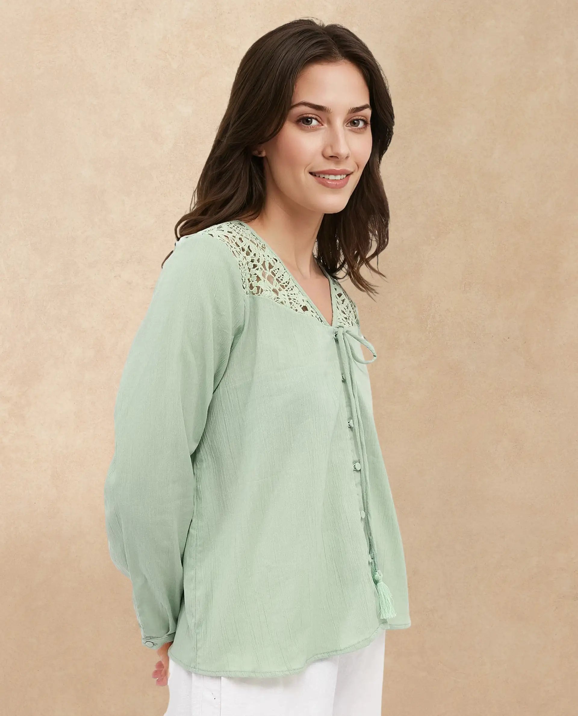 Rareism Women Sonoki Dusky Green Cotton Button Closure Full Sleeve V-Neck Relaxed Fit Plain Top