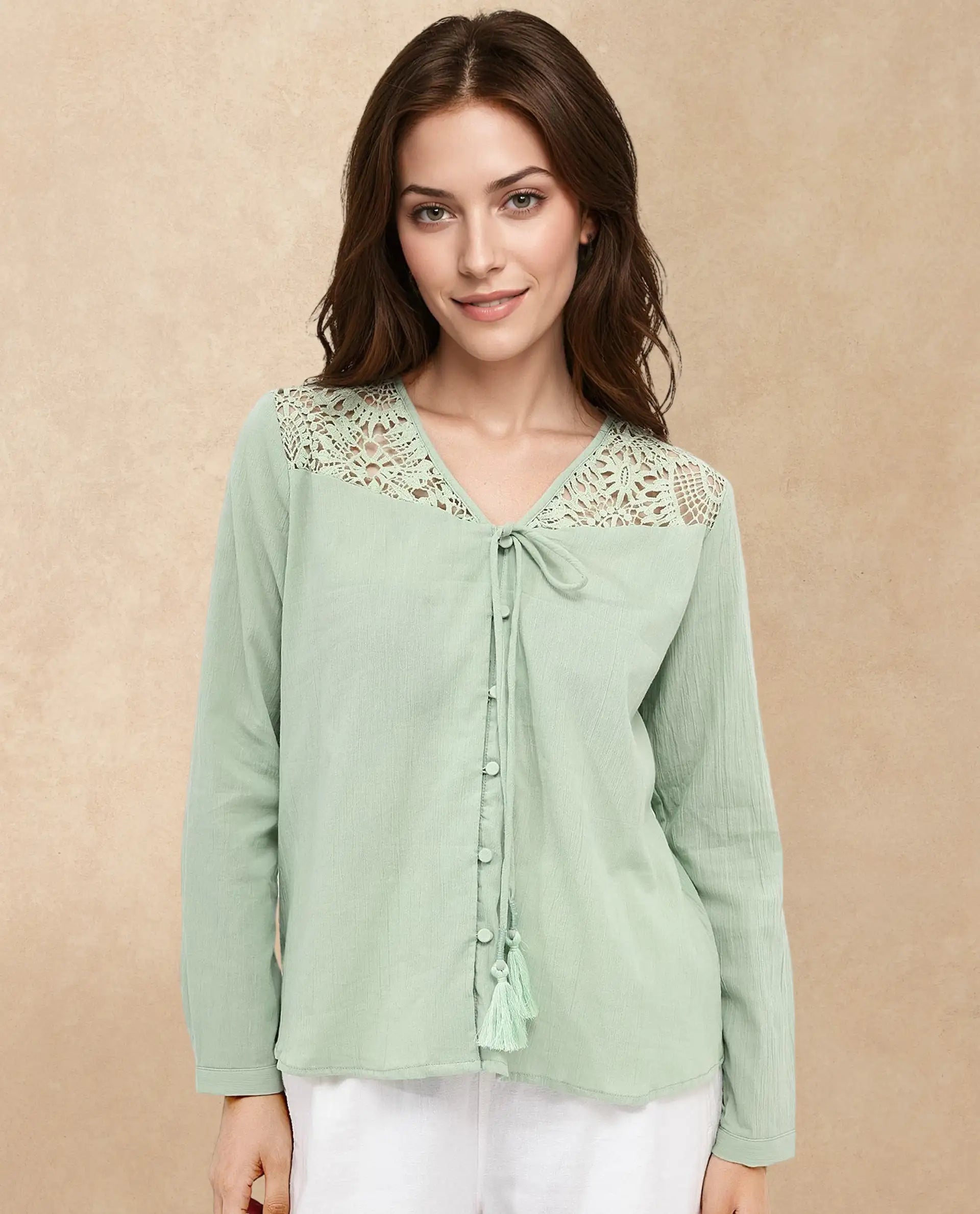Rareism Women Sonoki Dusky Green Cotton Button Closure Full Sleeve V-Neck Relaxed Fit Plain Top