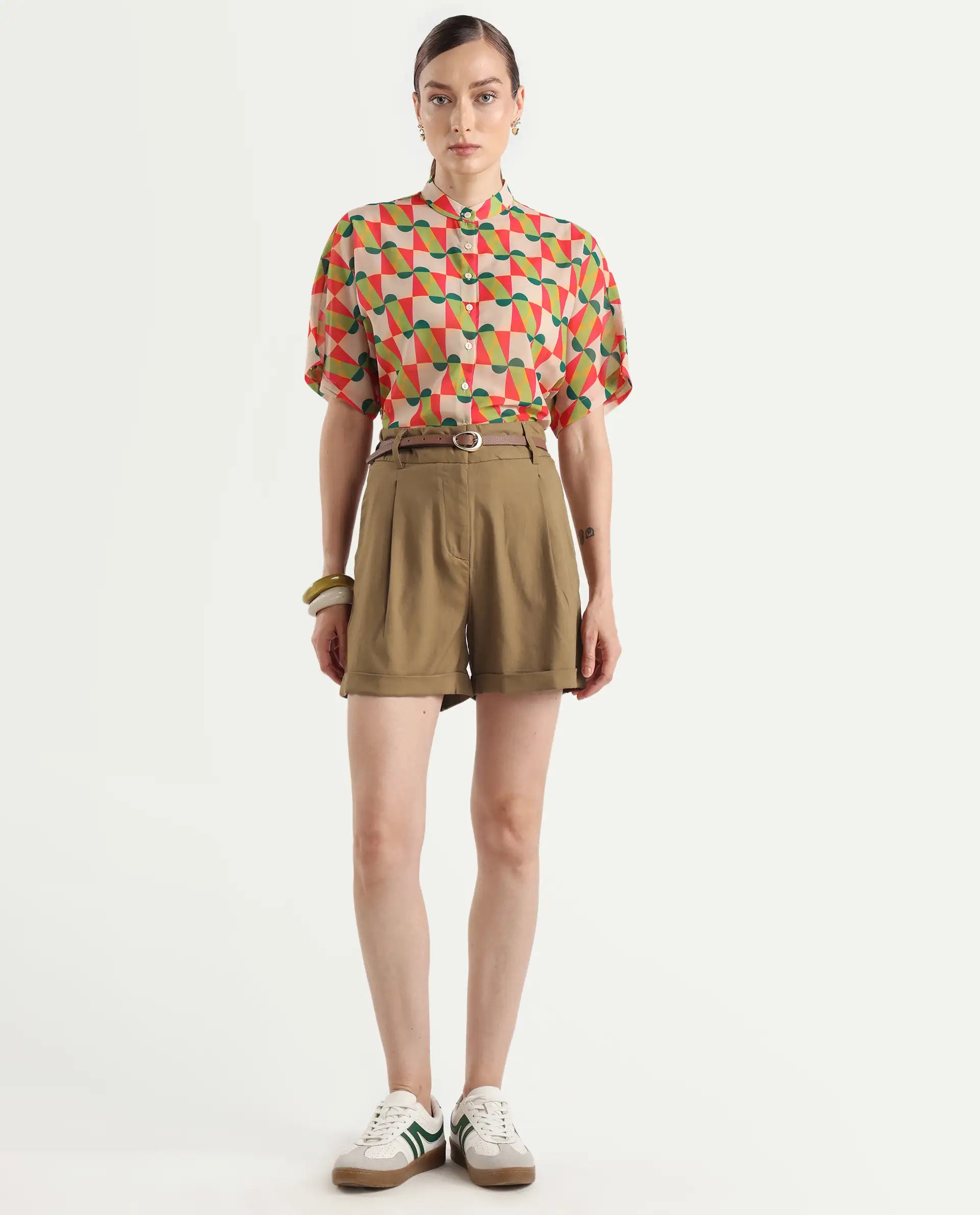 Rareism Women's Sopari Dark Khaki Polyester Plain Mini Regular Fit Shorts