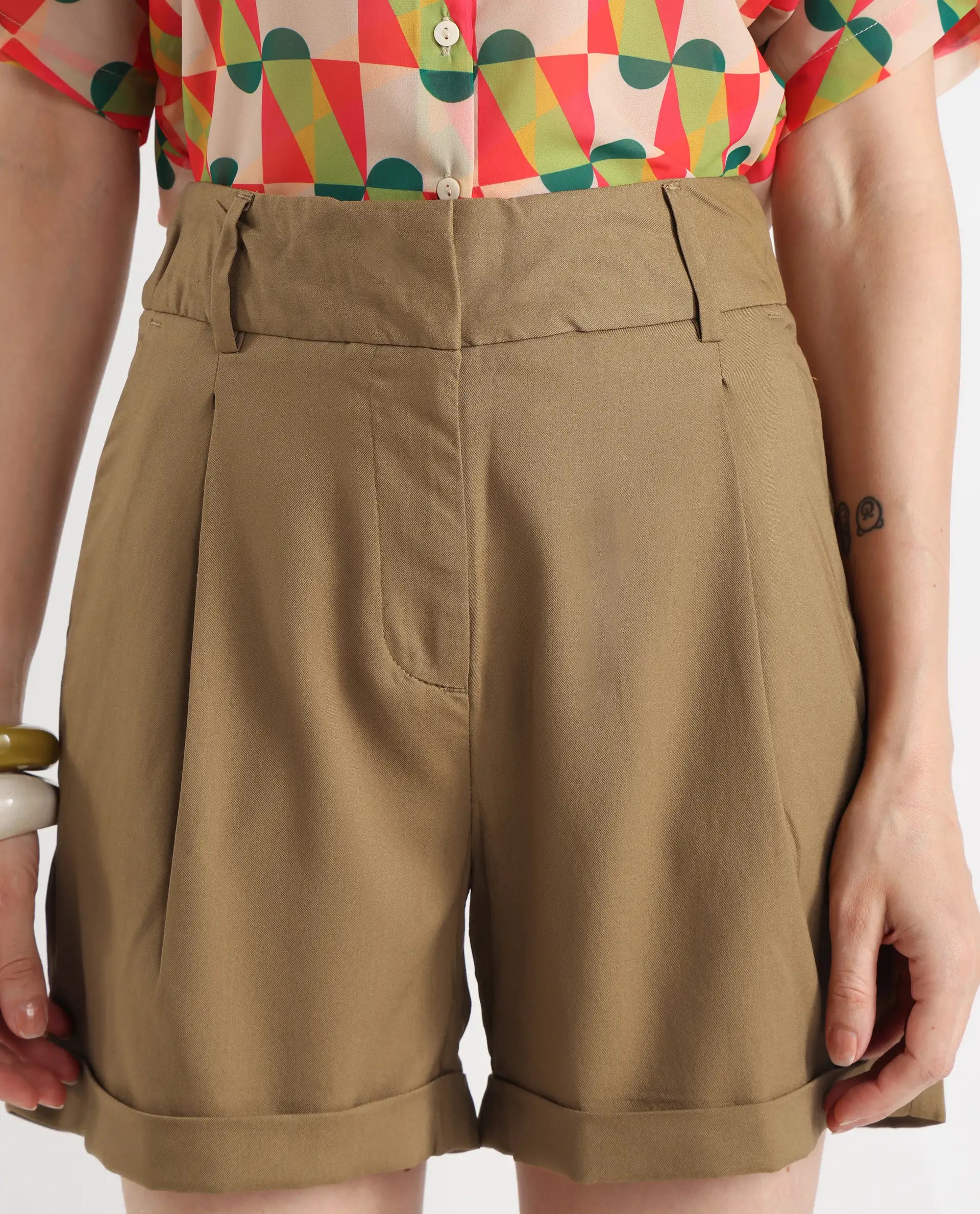 Rareism Women's Sopari Dark Khaki Polyester Plain Mini Regular Fit Shorts