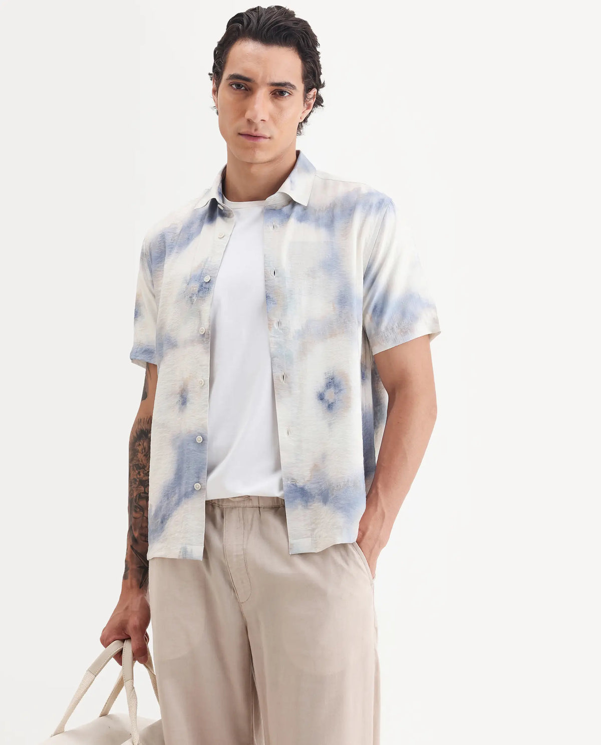 Rare Rabbit Men's Sove Off White Viscose Blend Fabric Collared Neck Regular Fit Printed Shirt