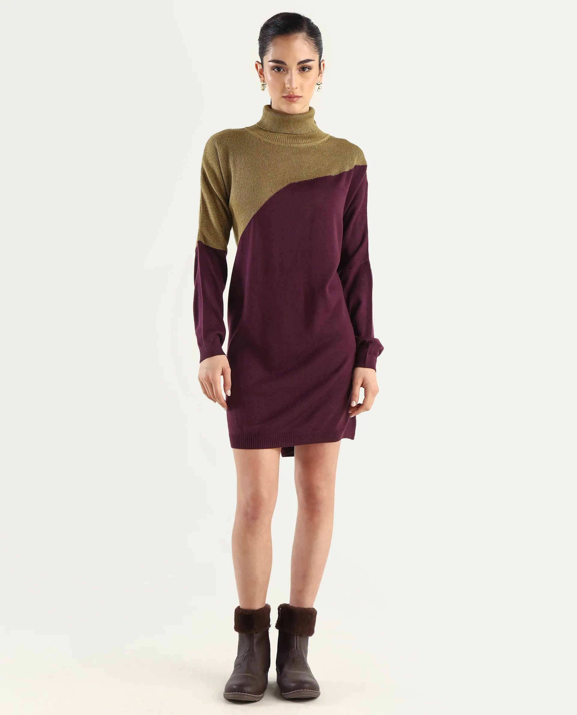 Rareism Women's Spaton Maroon Knit Turtle Neck Plain Knee Length Straight Fit Sweater