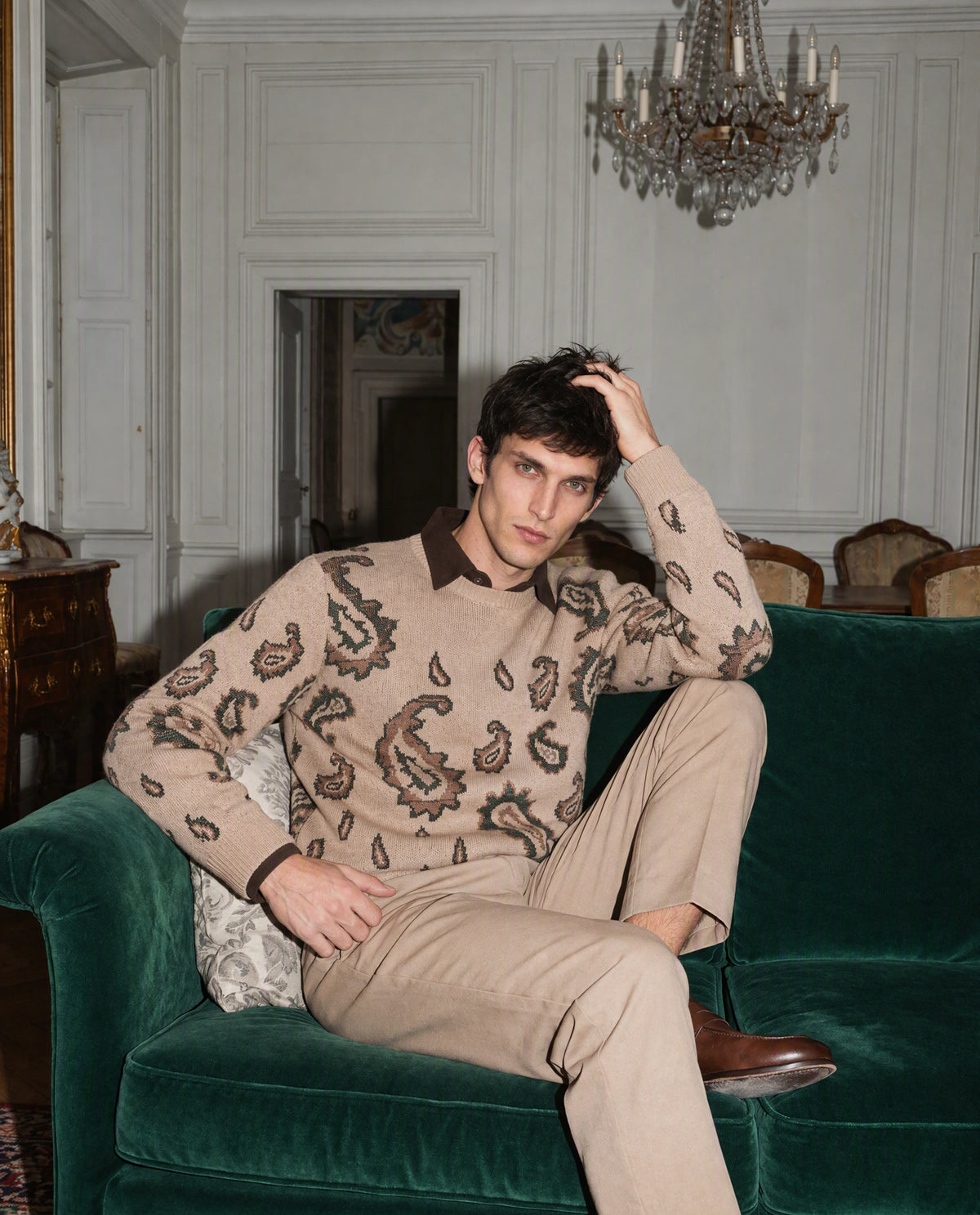 Rare Rabbit Men's Spav Beige Acrylic Regular Fit Paisley Print Sweater
