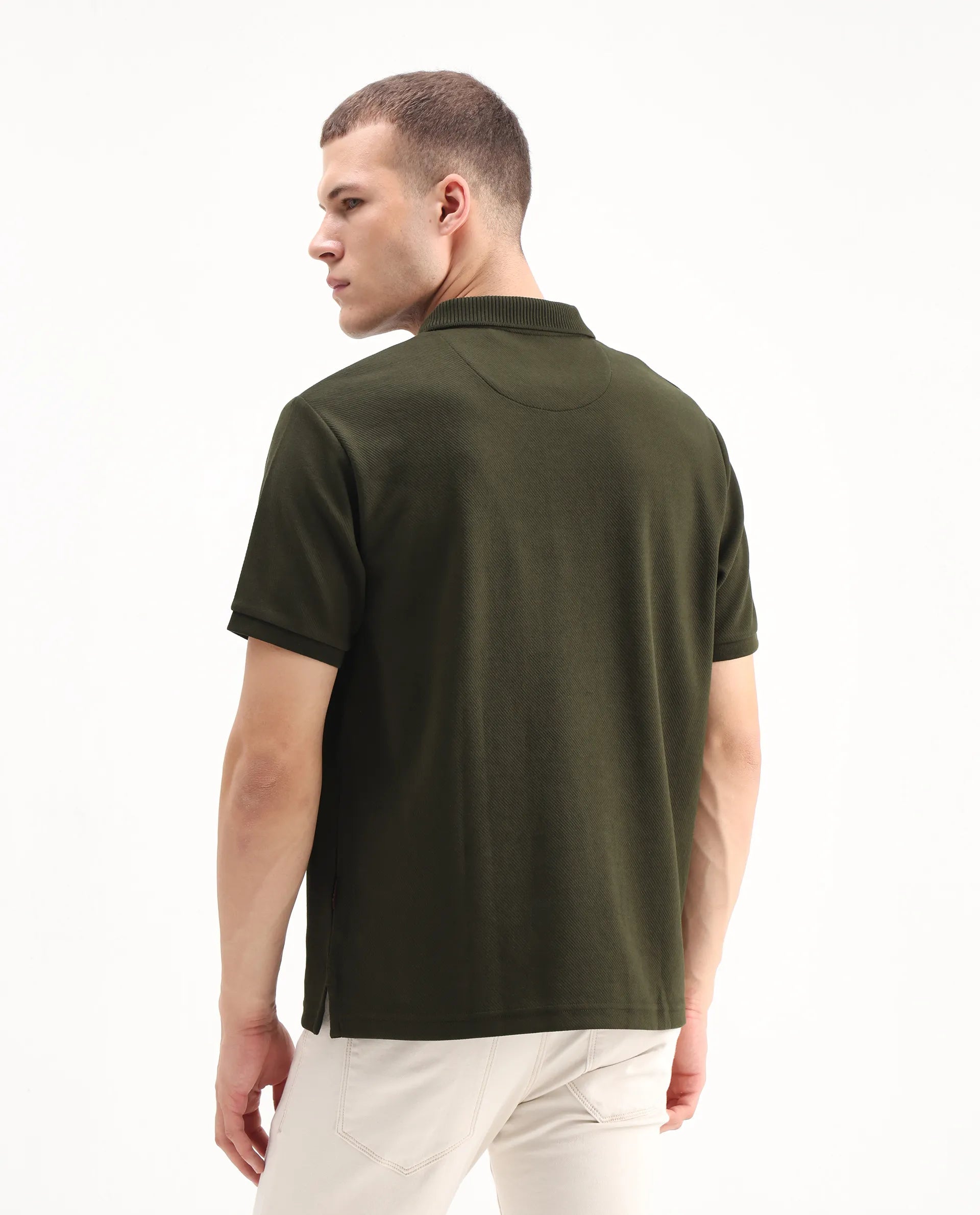 Rare Rabbit Men's Spec Olive Twill Plain Oversized Fit Half Sleeve Polo