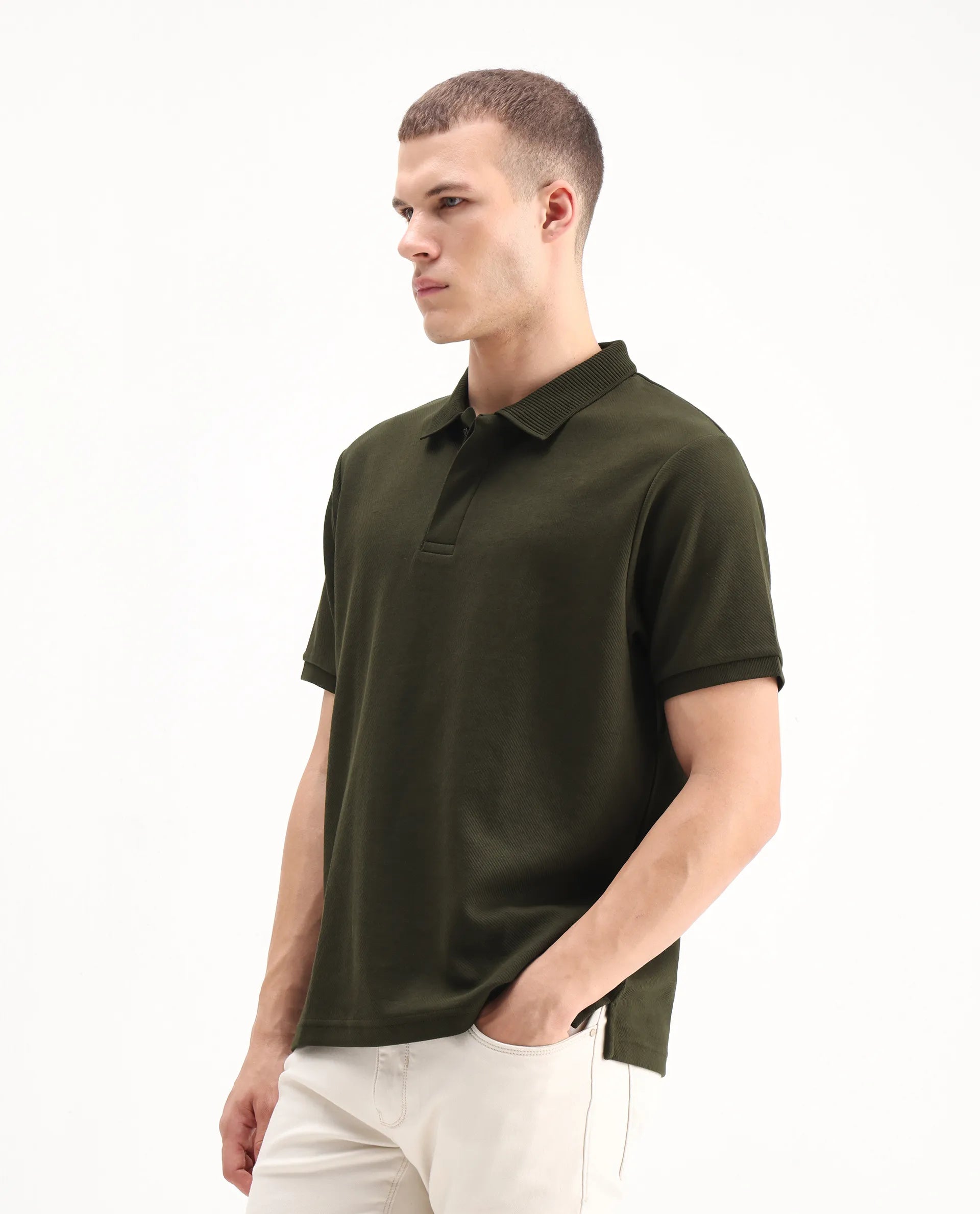 Rare Rabbit Men's Spec Olive Twill Plain Oversized Fit Half Sleeve Polo