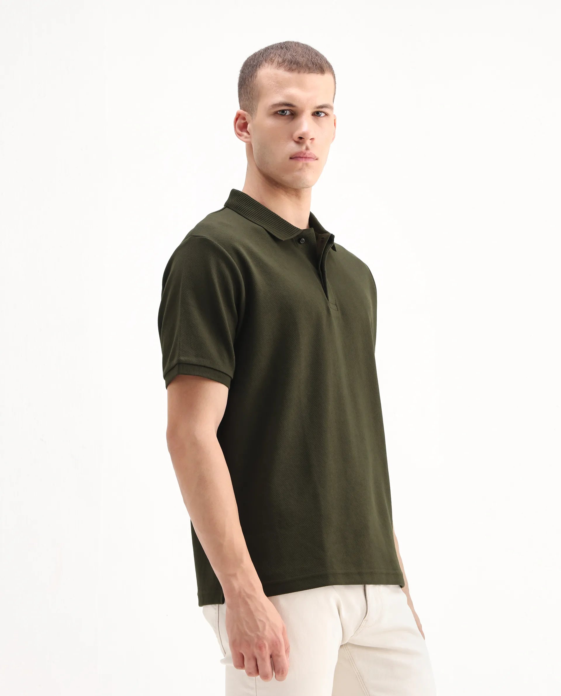 Rare Rabbit Men's Spec Olive Twill Plain Oversized Fit Half Sleeve Polo
