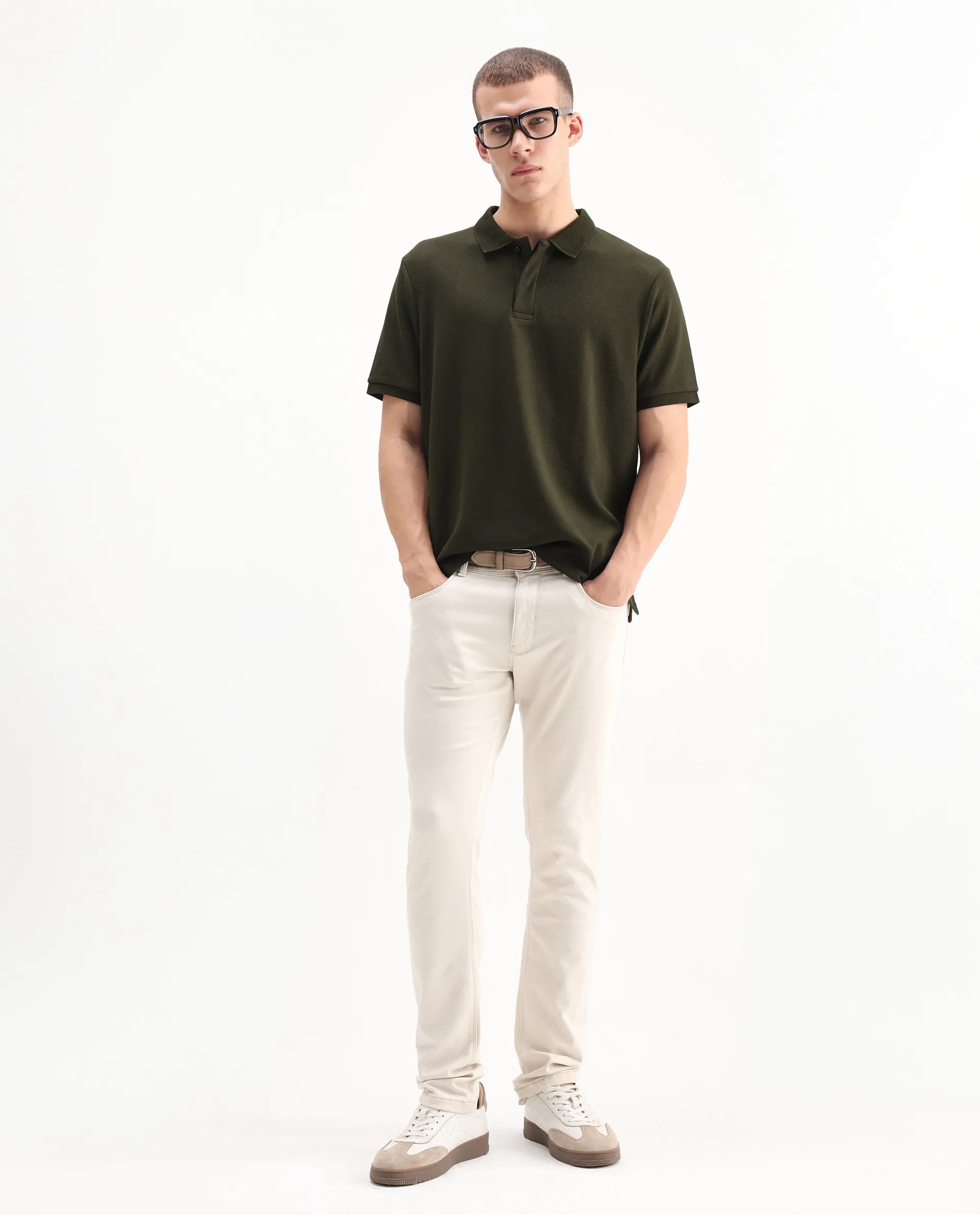 Rare Rabbit Men's Spec Olive Twill Plain Oversized Fit Half Sleeve Polo