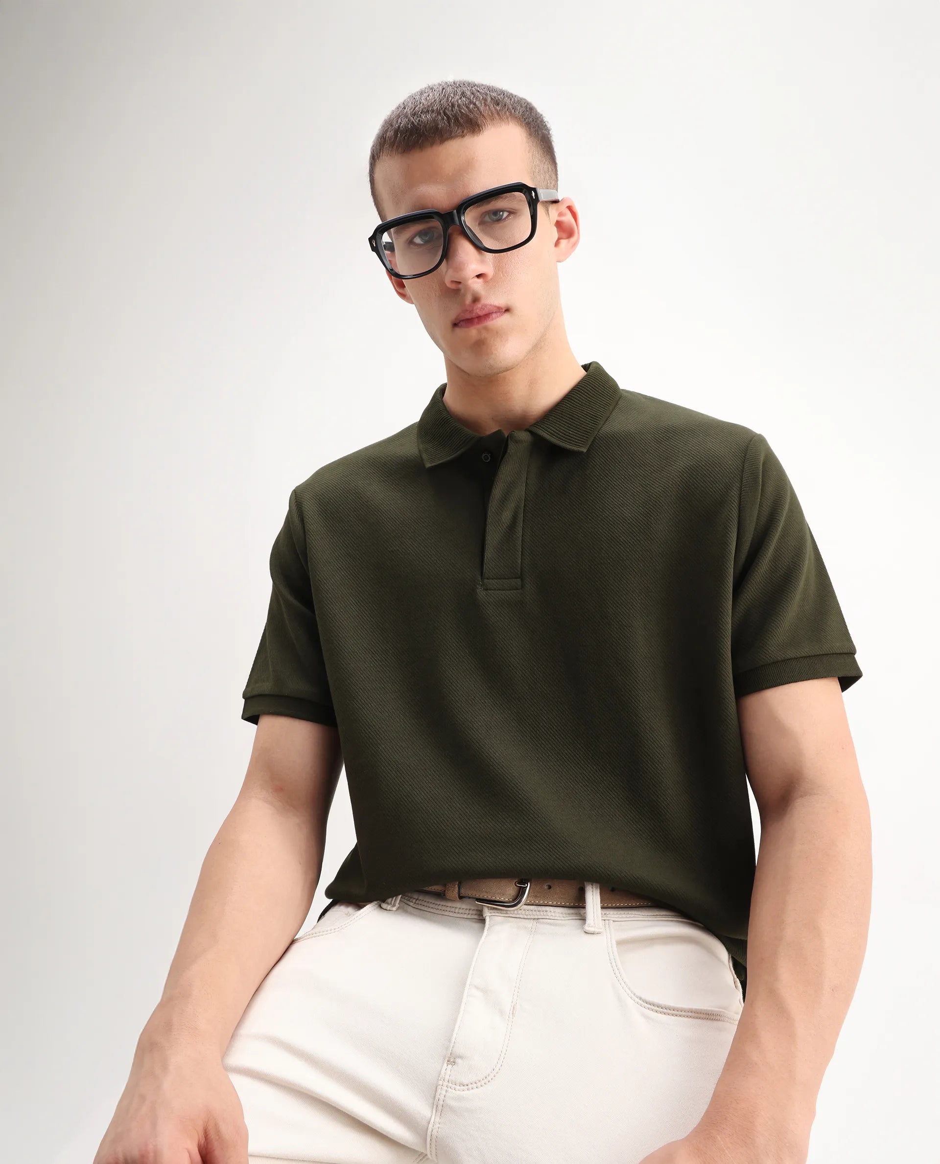 Rare Rabbit Men's Spec Olive Twill Plain Oversized Fit Half Sleeve Polo