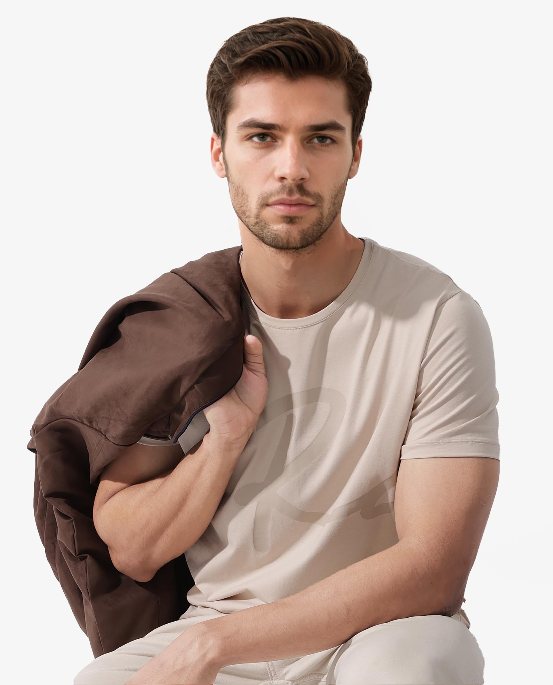 Rare Rabbit Men's Stamp-2 Beige Cotton Lycra Fabric Half Sleeves Graphic Signature Print T-Shirt