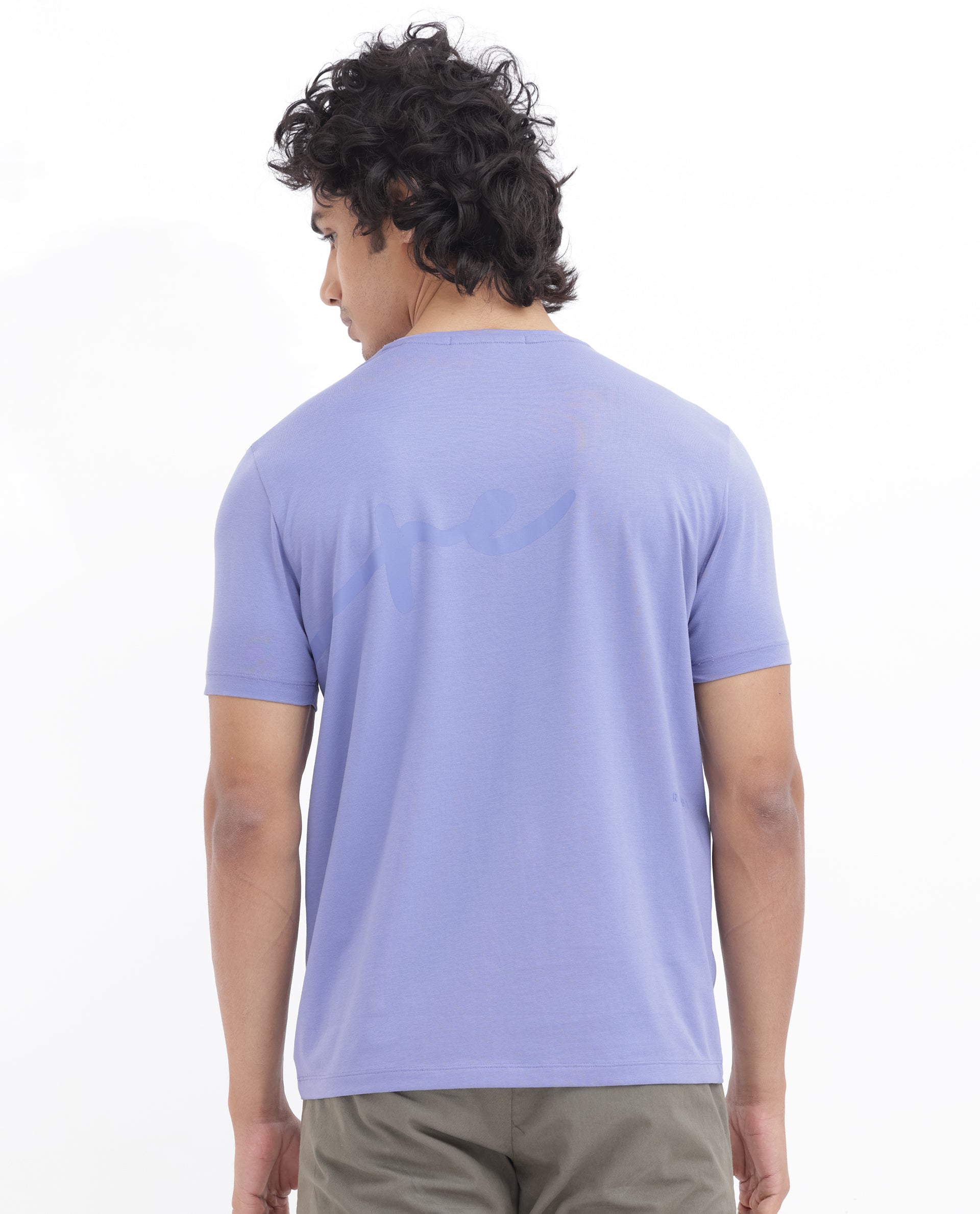 Rare Rabbit Men's Stamp-2 Purple Cotton Lycra Fabric Half Sleeves Graphic Signature Print T-Shirt