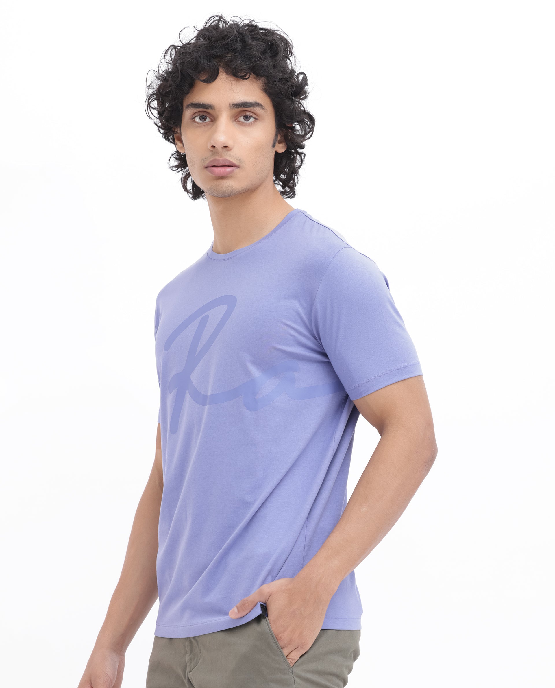 Rare Rabbit Men's Stamp-2 Purple Cotton Lycra Fabric Half Sleeves Graphic Signature Print T-Shirt