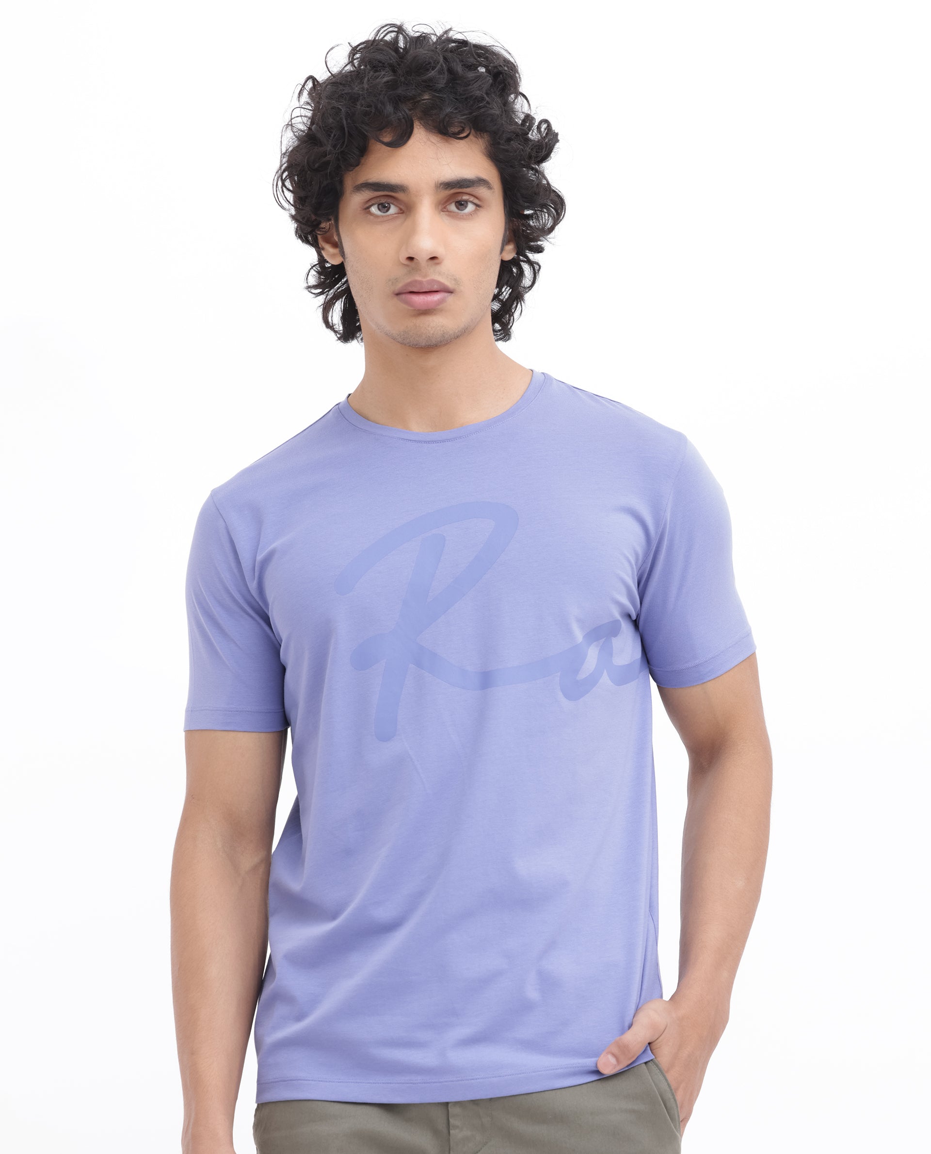 Rare Rabbit Men's Stamp-2 Purple Cotton Lycra Fabric Half Sleeves Graphic Signature Print T-Shirt