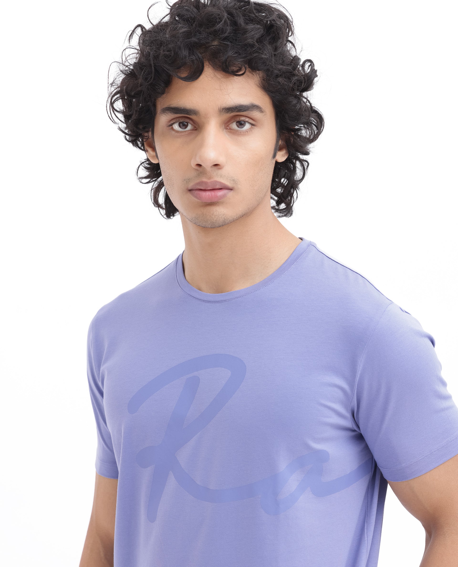 Rare Rabbit Men's Stamp-2 Purple Cotton Lycra Fabric Half Sleeves Graphic Signature Print T-Shirt