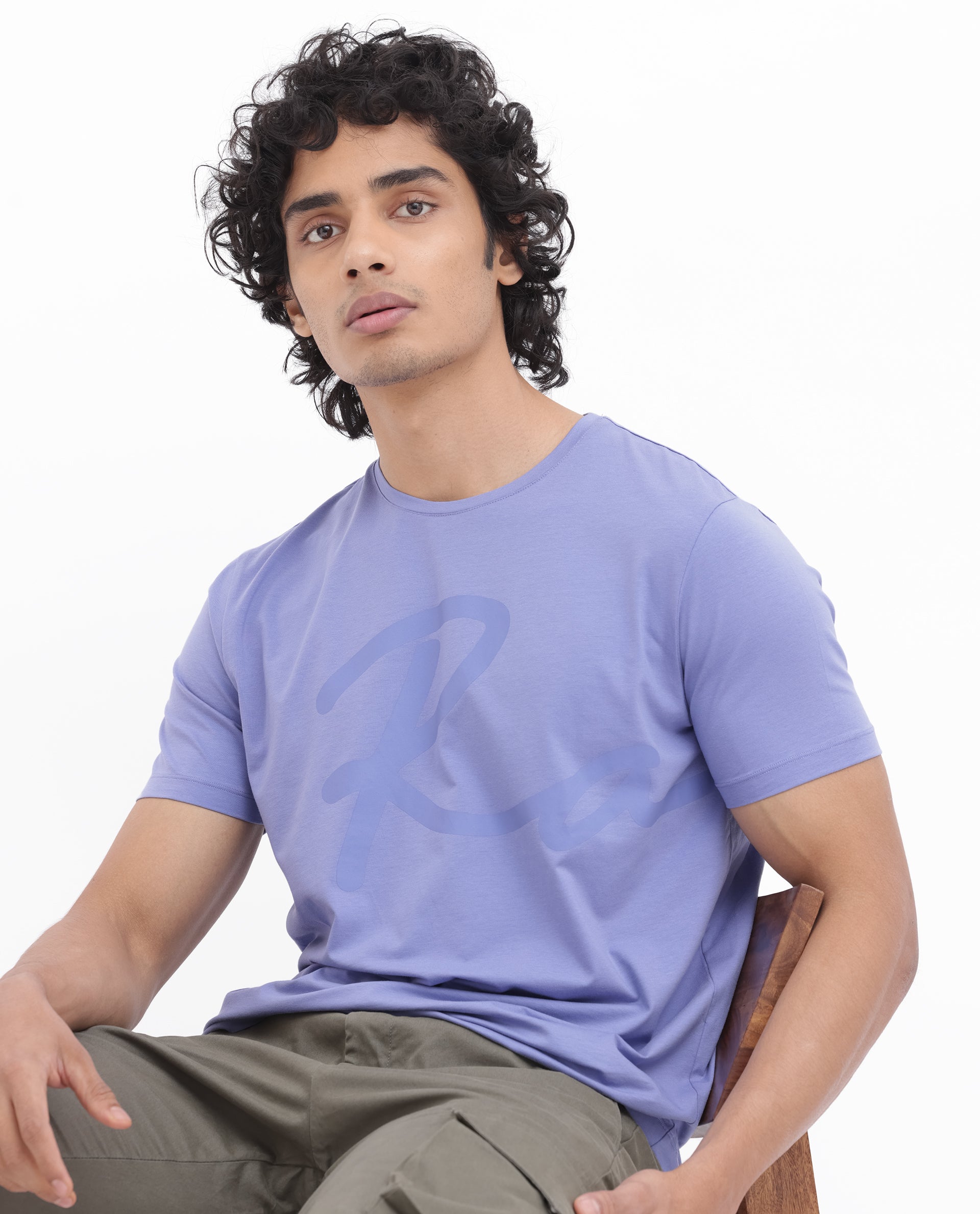 Rare Rabbit Men's Stamp-2 Purple Cotton Lycra Fabric Half Sleeves Graphic Signature Print T-Shirt