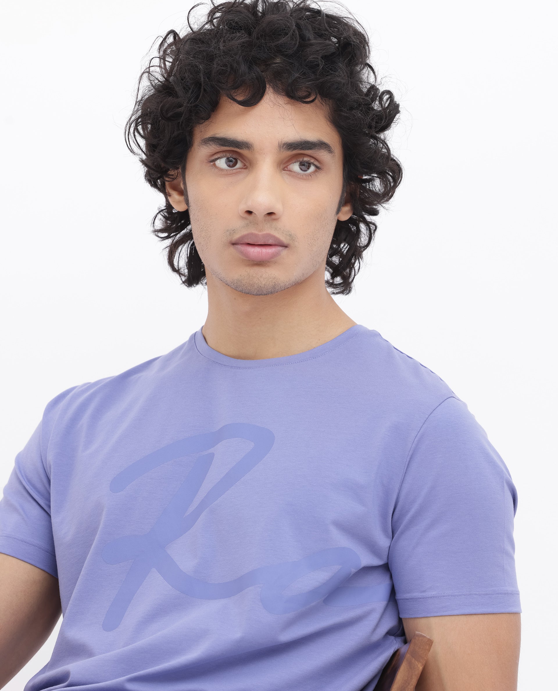 Rare Rabbit Men's Stamp-2 Purple Cotton Lycra Fabric Half Sleeves Graphic Signature Print T-Shirt