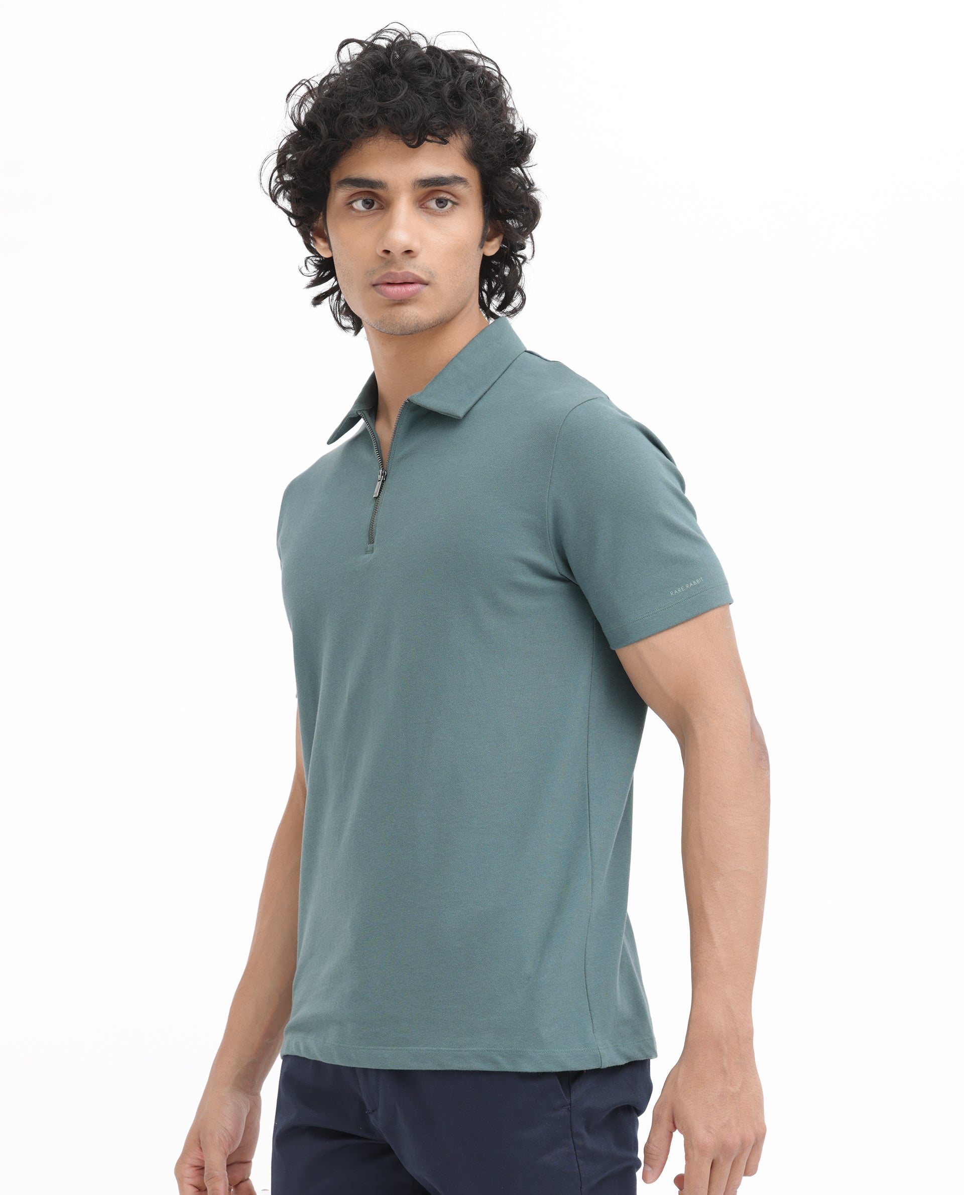 Rare Rabbit Mens Stan-2 Dusky Green Cotton Fabric Collared Neck Zipper Closure Half Sleeves Polo T-Shirt