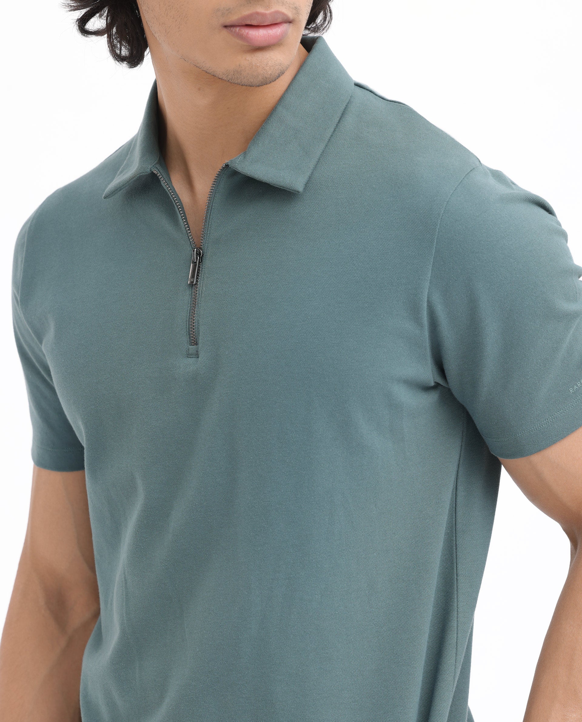 Rare Rabbit Mens Stan-2 Dusky Green Cotton Fabric Collared Neck Zipper Closure Half Sleeves Polo T-Shirt