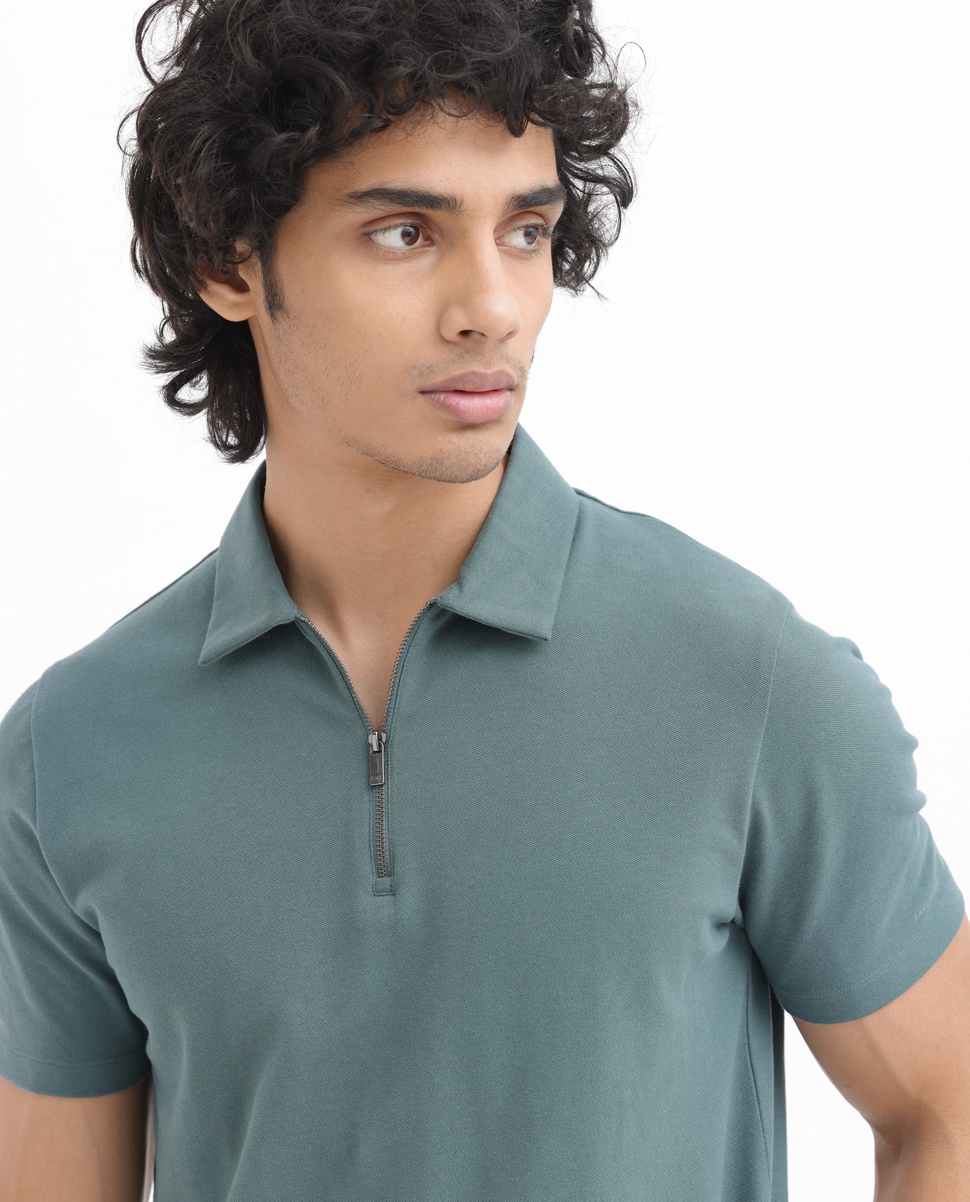 Rare Rabbit Mens Stan-2 Dusky Green Cotton Fabric Collared Neck Zipper Closure Half Sleeves Polo T-Shirt