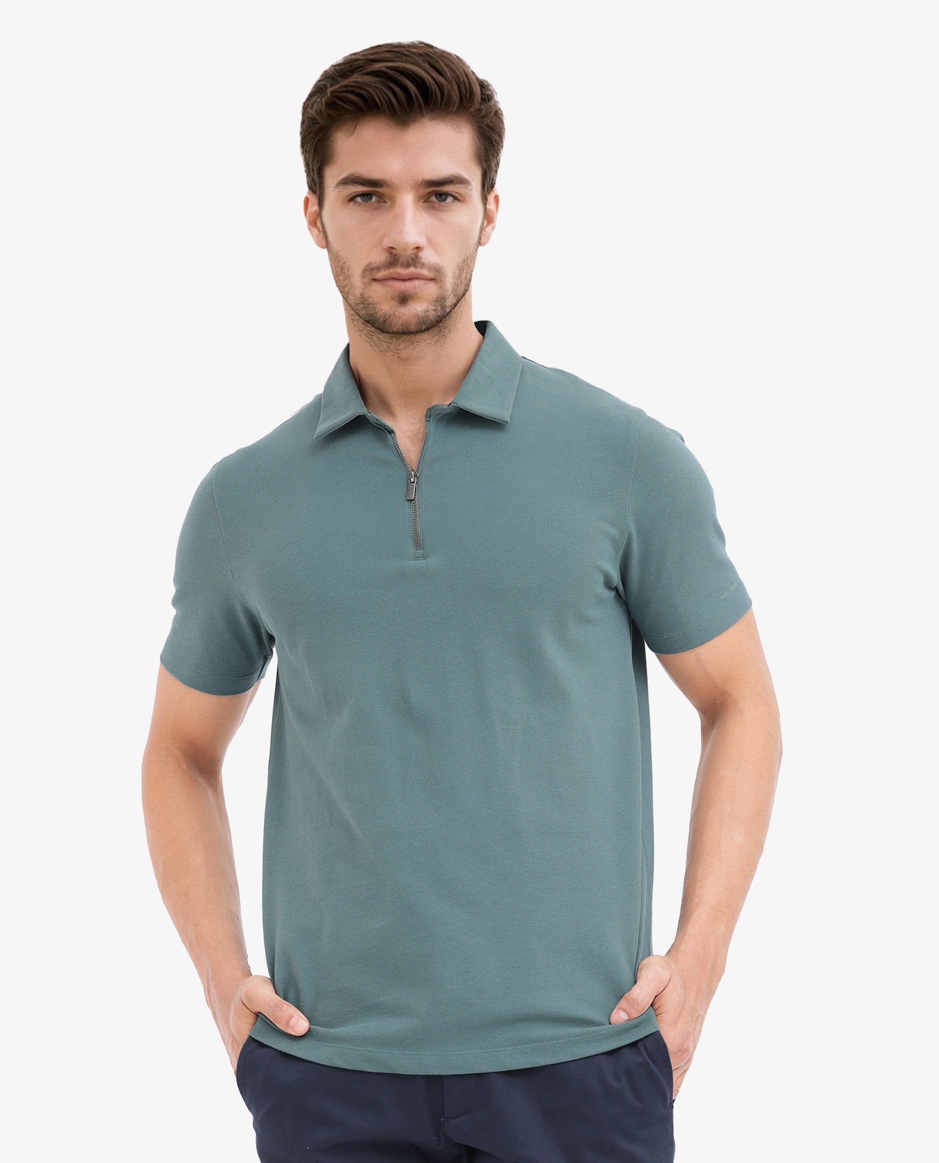 Rare Rabbit Mens Stan-2 Dusky Green Cotton Fabric Collared Neck Zipper Closure Half Sleeves Polo T-Shirt