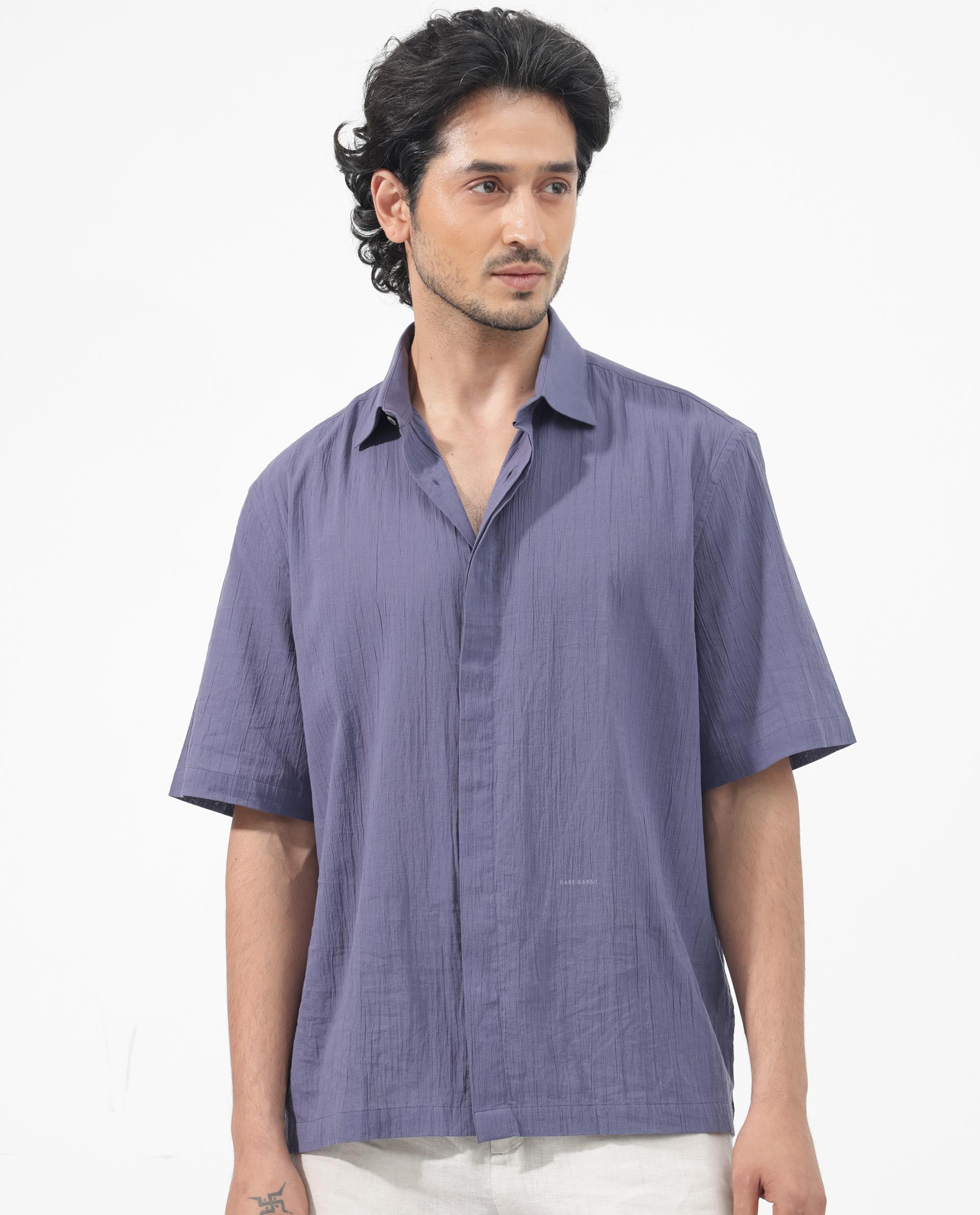 Rare Rabbit Mens Crinkle SS Dusky Purple Cotton Fabric Short Sleeve Boxy Fit Crinkle Effect Solid Shirt