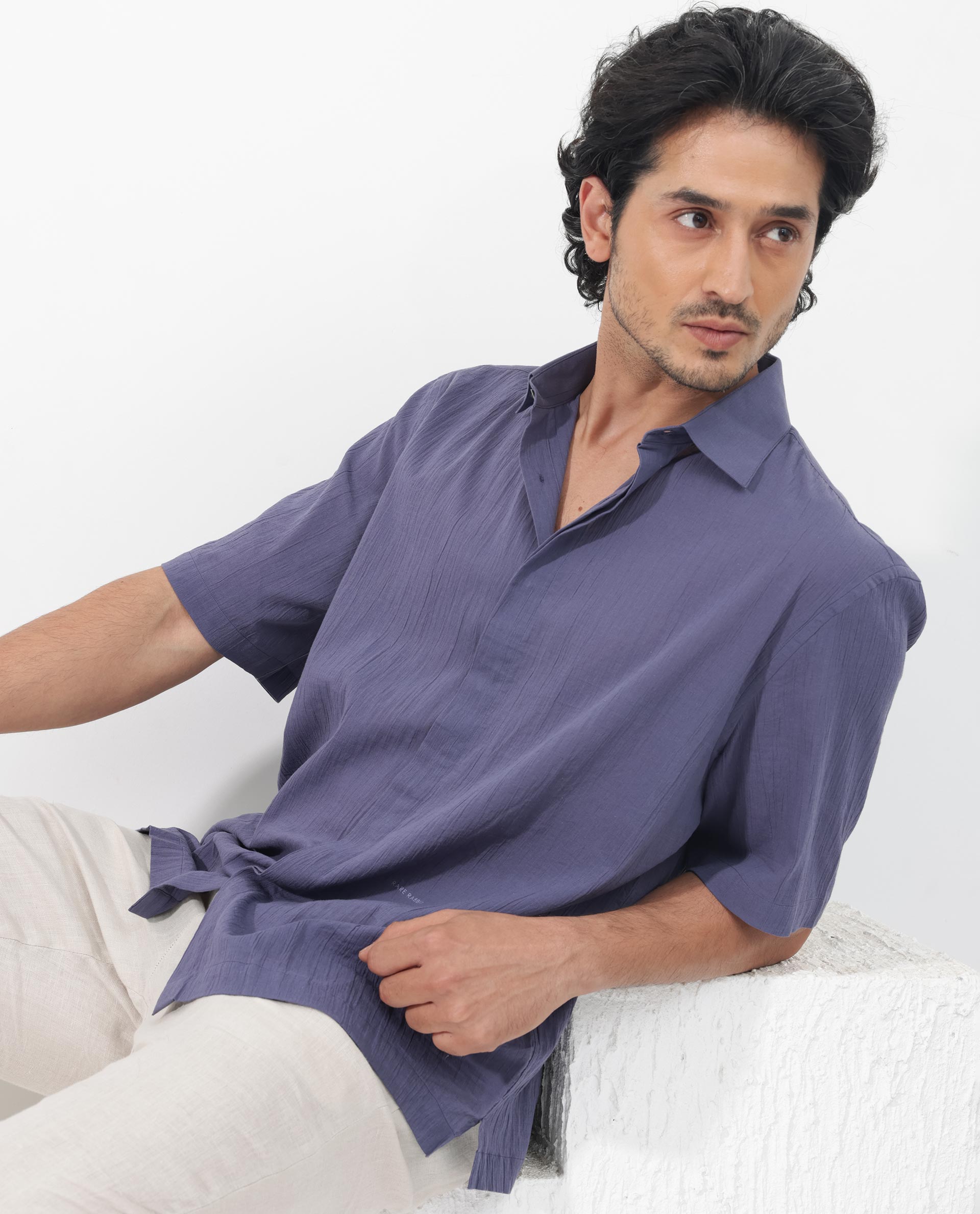 Rare Rabbit Mens Crinkle SS Dusky Purple Cotton Fabric Short Sleeve Boxy Fit Crinkle Effect Solid Shirt