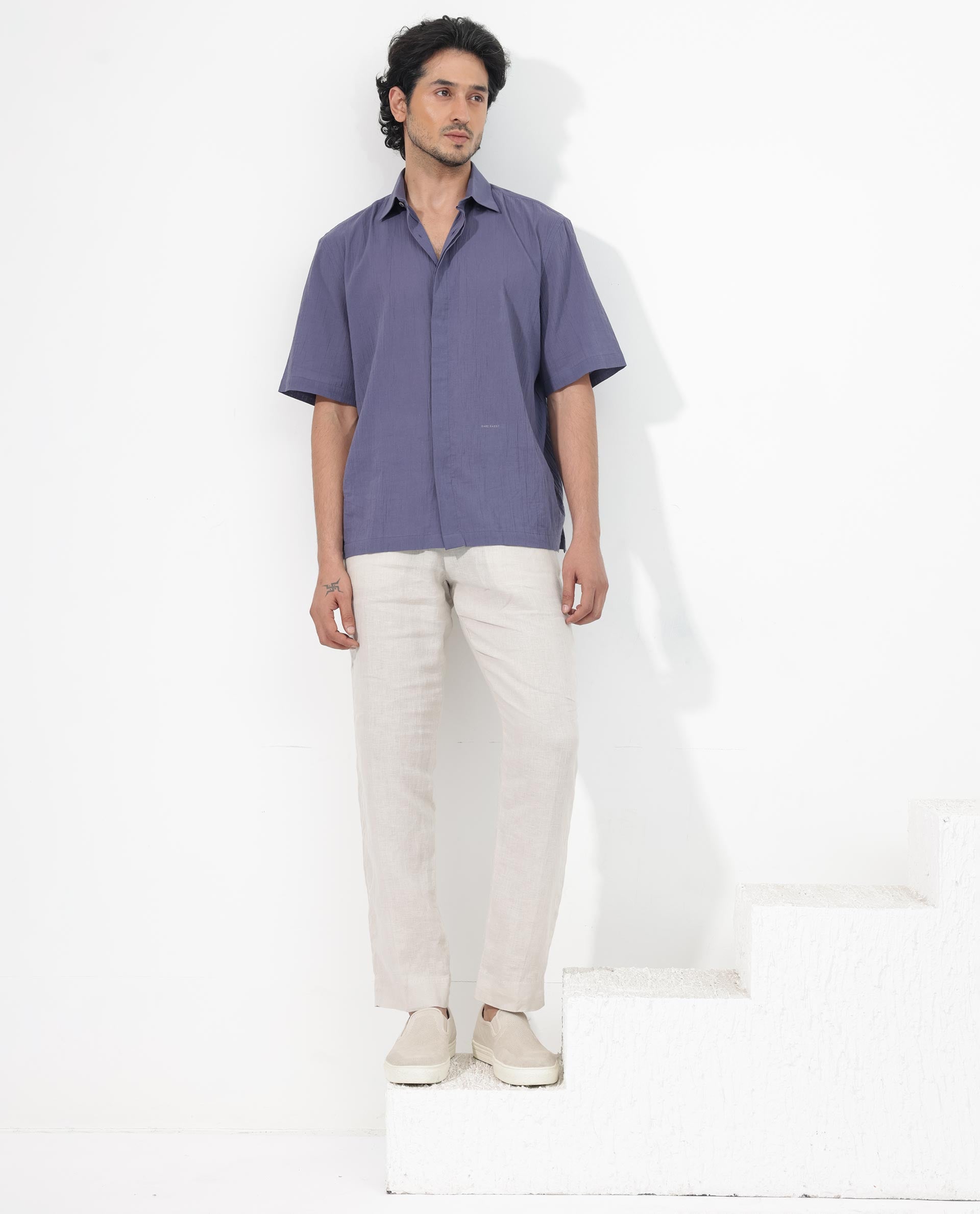 Rare Rabbit Mens Crinkle SS Dusky Purple Cotton Fabric Short Sleeve Boxy Fit Crinkle Effect Solid Shirt